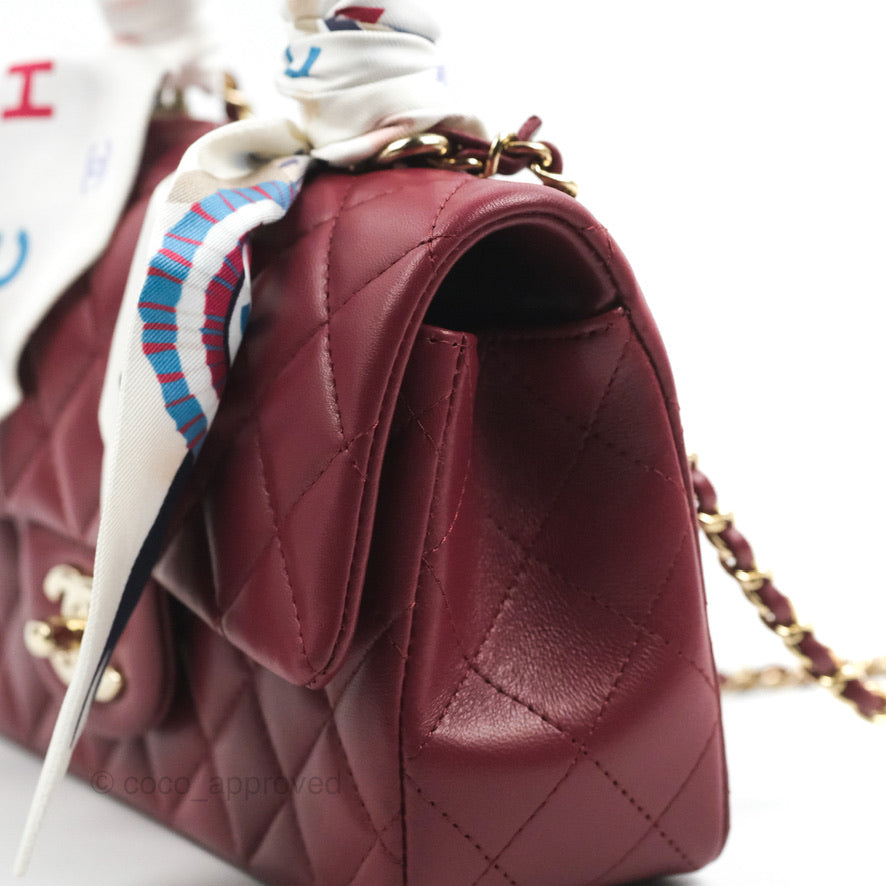 Chanel Top Handle Mini Rectangular Flap Bag Burgundy Lambskin Gold Hardware