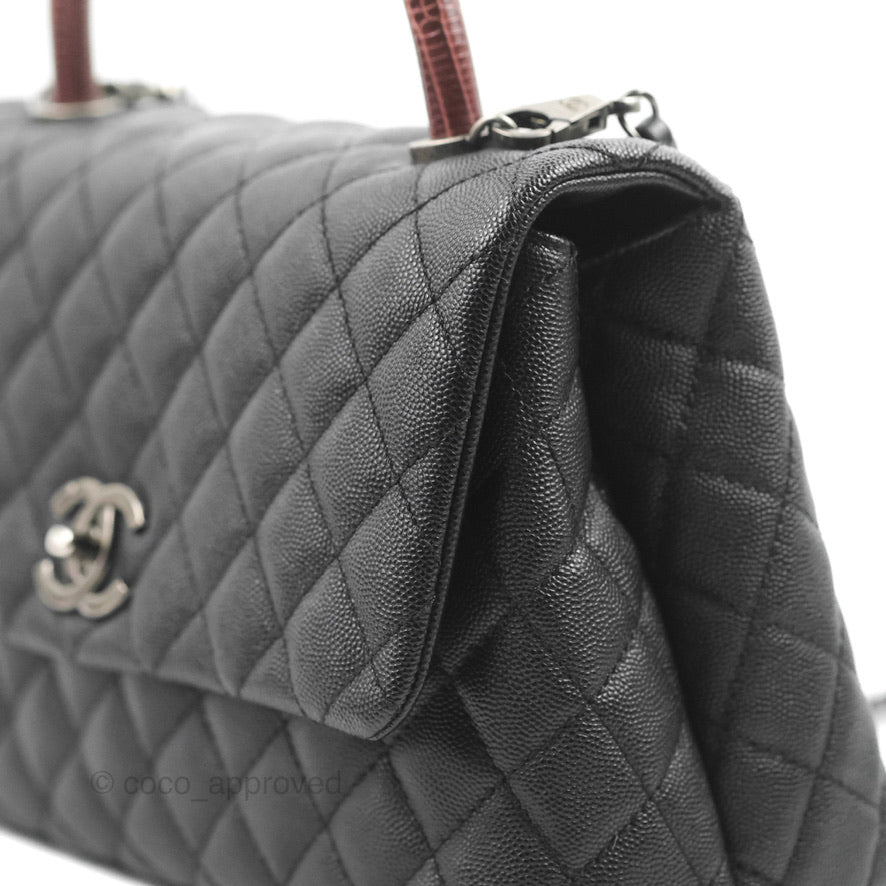 Chanel Medium Coco Handle Quilted Black Caviar Lizard Handle Ruthenium Hardware