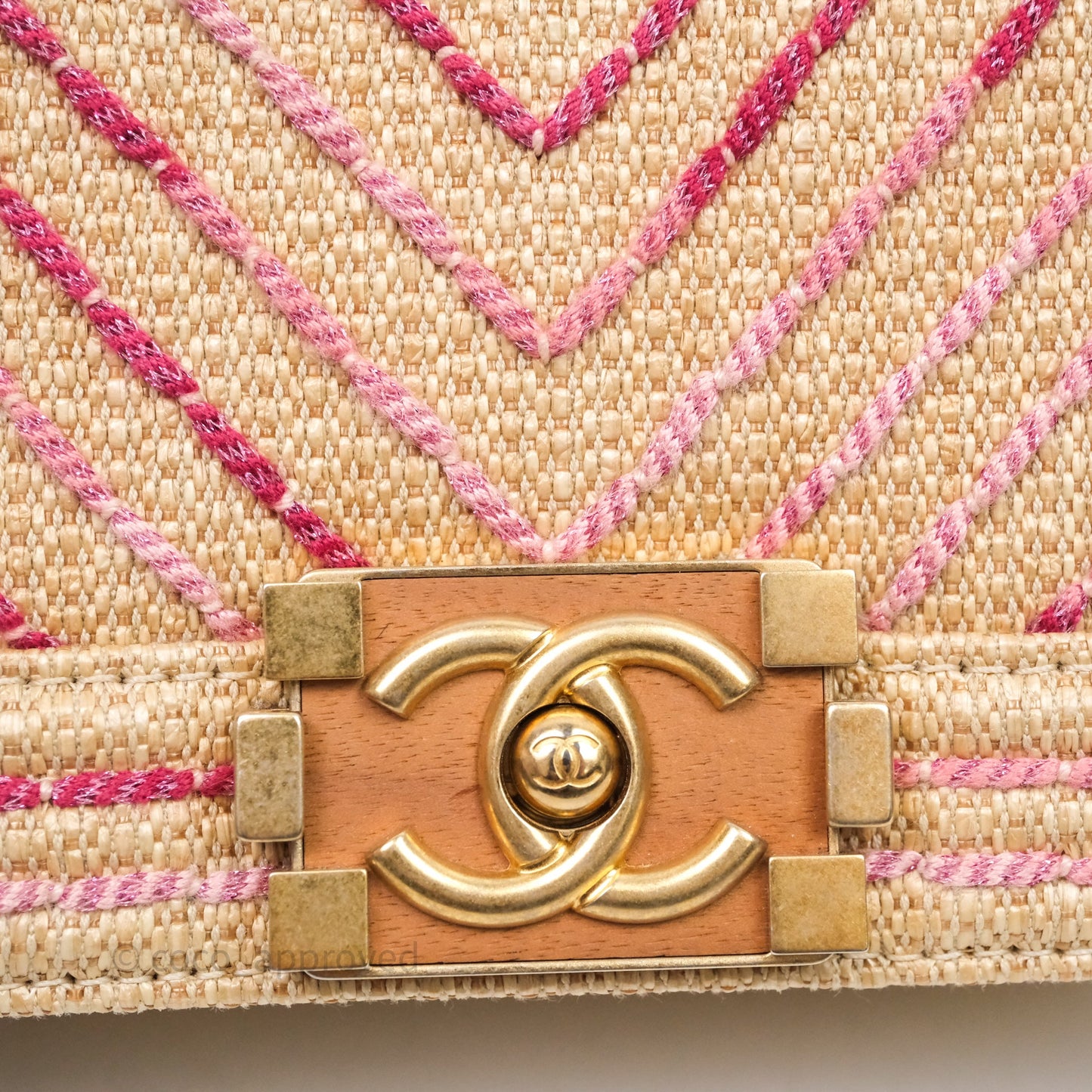 Chanel Small Boy Chevron Raffia Metallic Pink Aged Gold Hardware