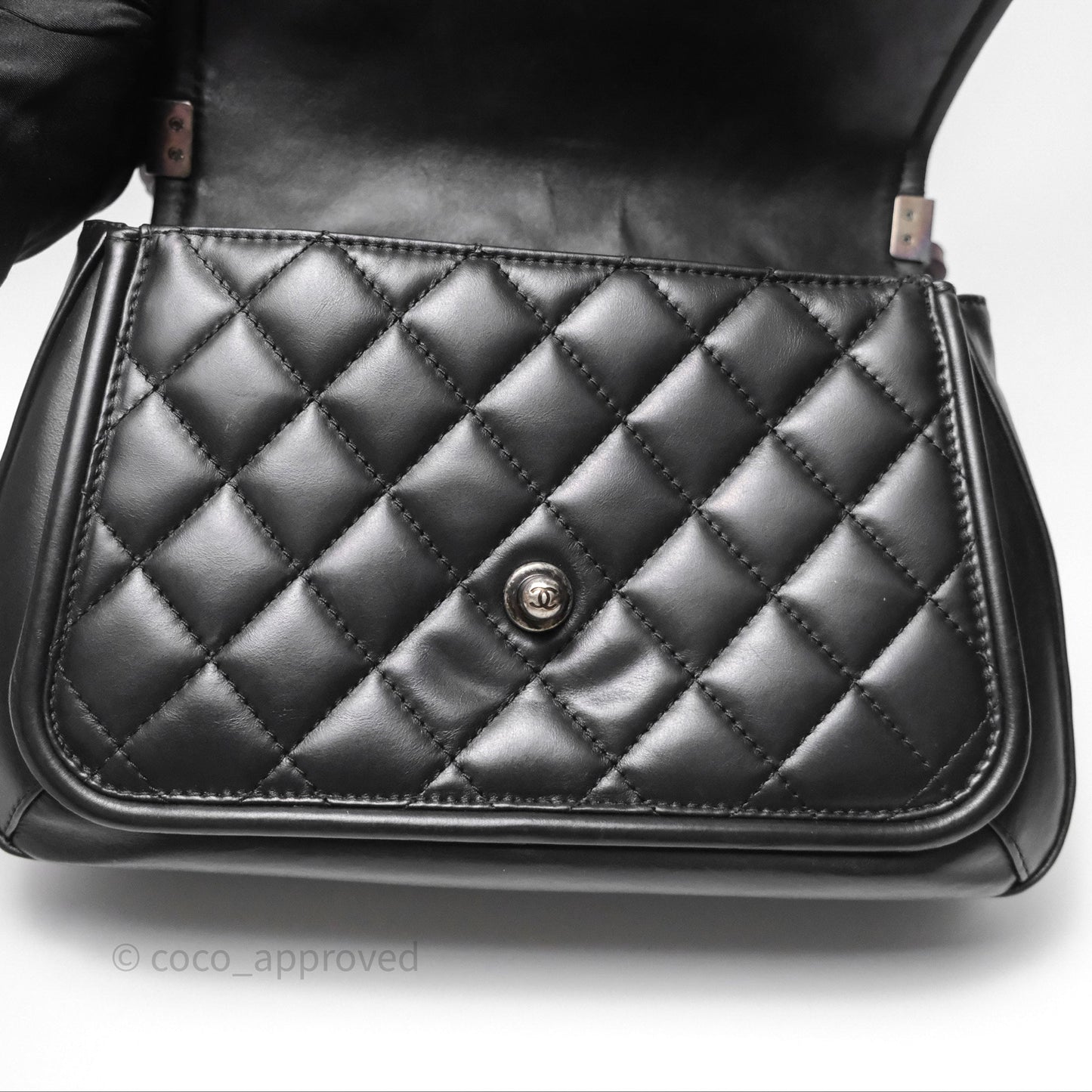 Chanel Quilted Large Prestige Top Handle Flap Calfskin Black Ruthenium Hardware