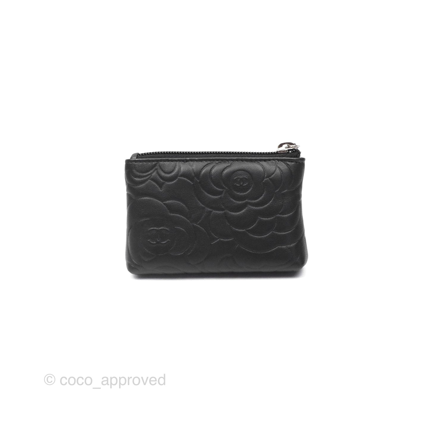 Chanel Key Holder Case Black Camellia Embossed Lambskin Silver Hardware