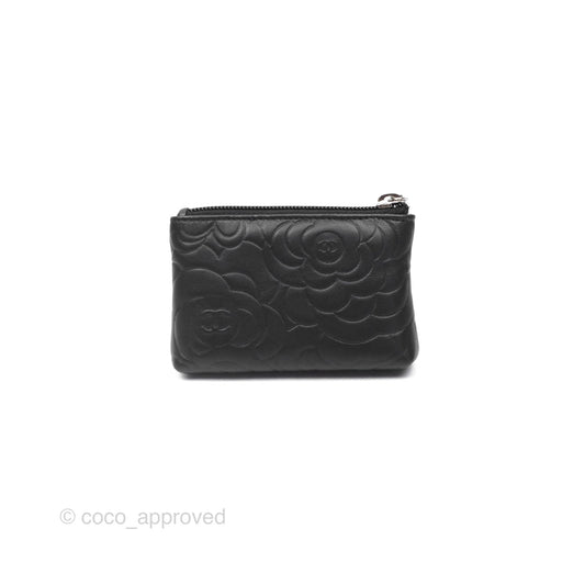 Chanel Key Holder Case Black Camellia Embossed Lambskin Silver Hardware