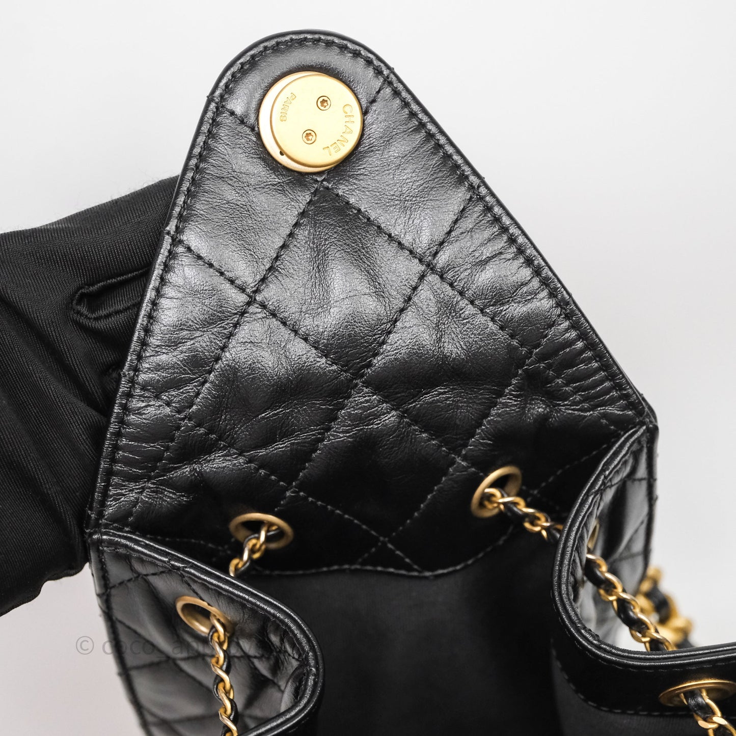 Chanel 25 Medium Black Crumpled Calfskin Aged Gold Hardware
