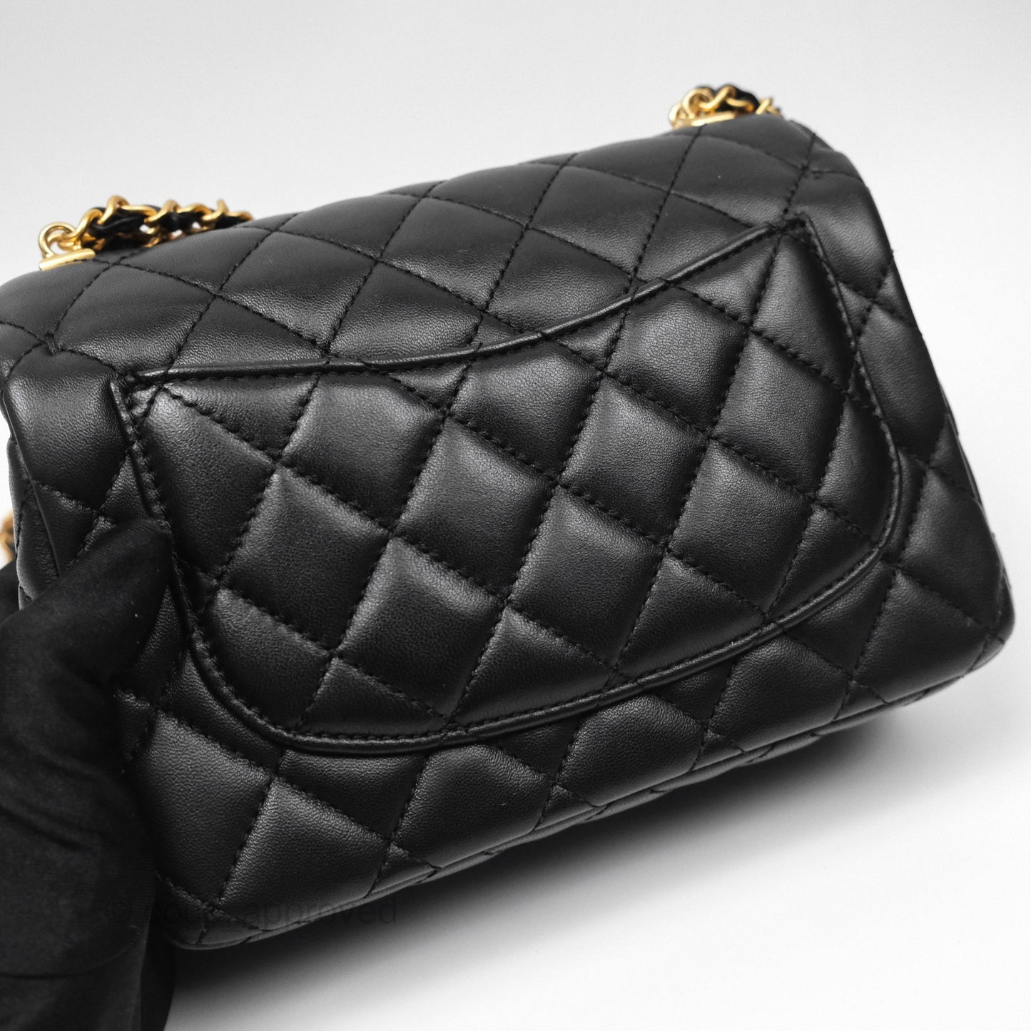 Chanel Flap Bag with Logo Enamel Chain Black Lambskin 22B