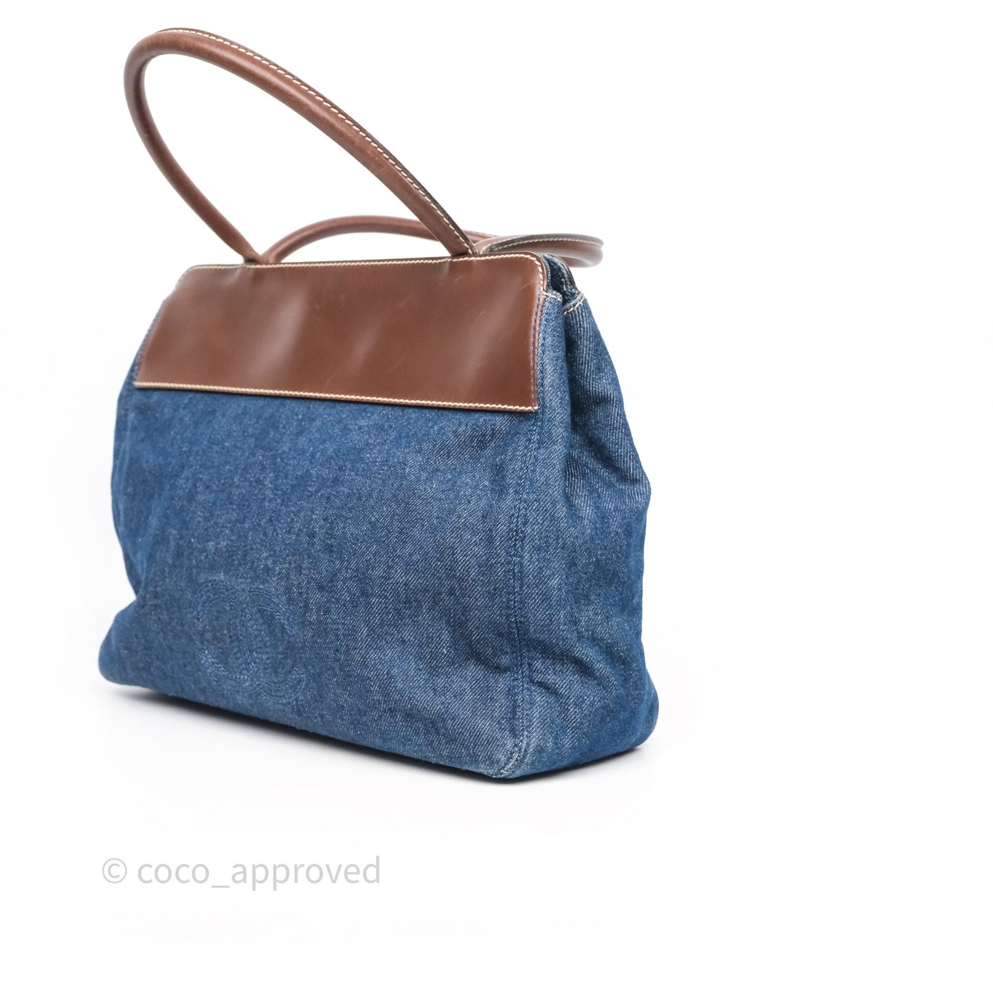 Chanel Vintage CC Tote Bag Denim Brown Leather