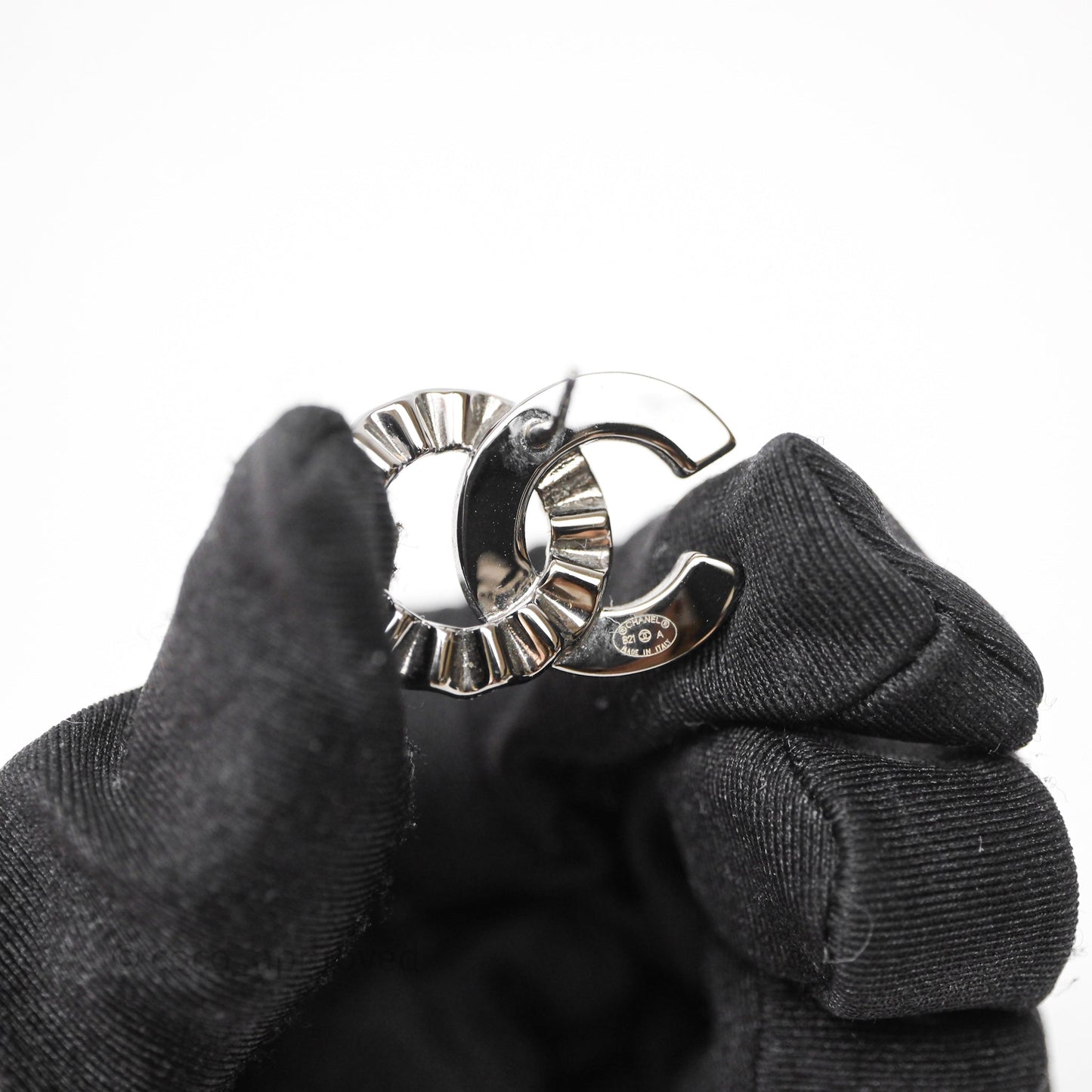 Chanel CC Half Crystal Earrings Silver Tone 21A