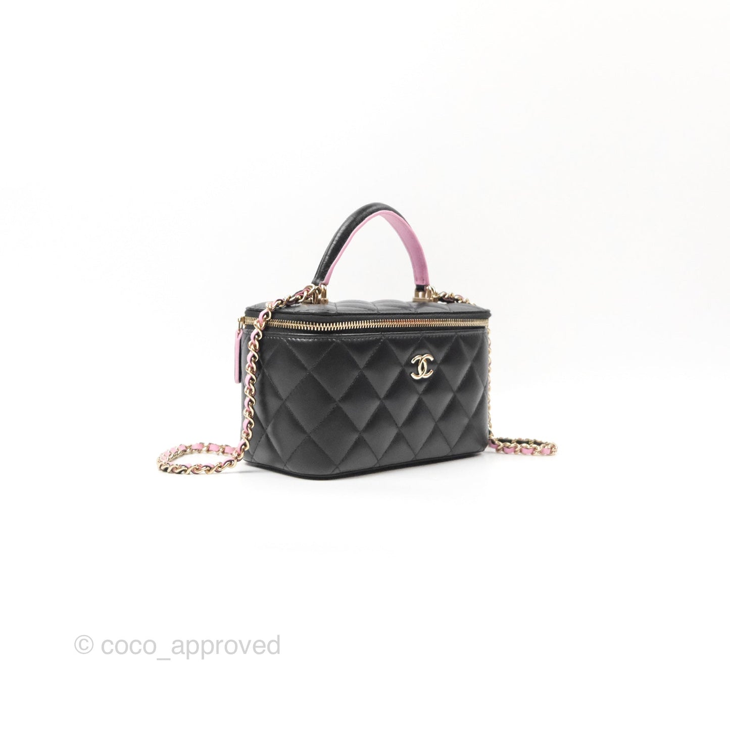 Chanel Vanity Rectangular Top Handle Black Pink Lambskin Gold Hardware