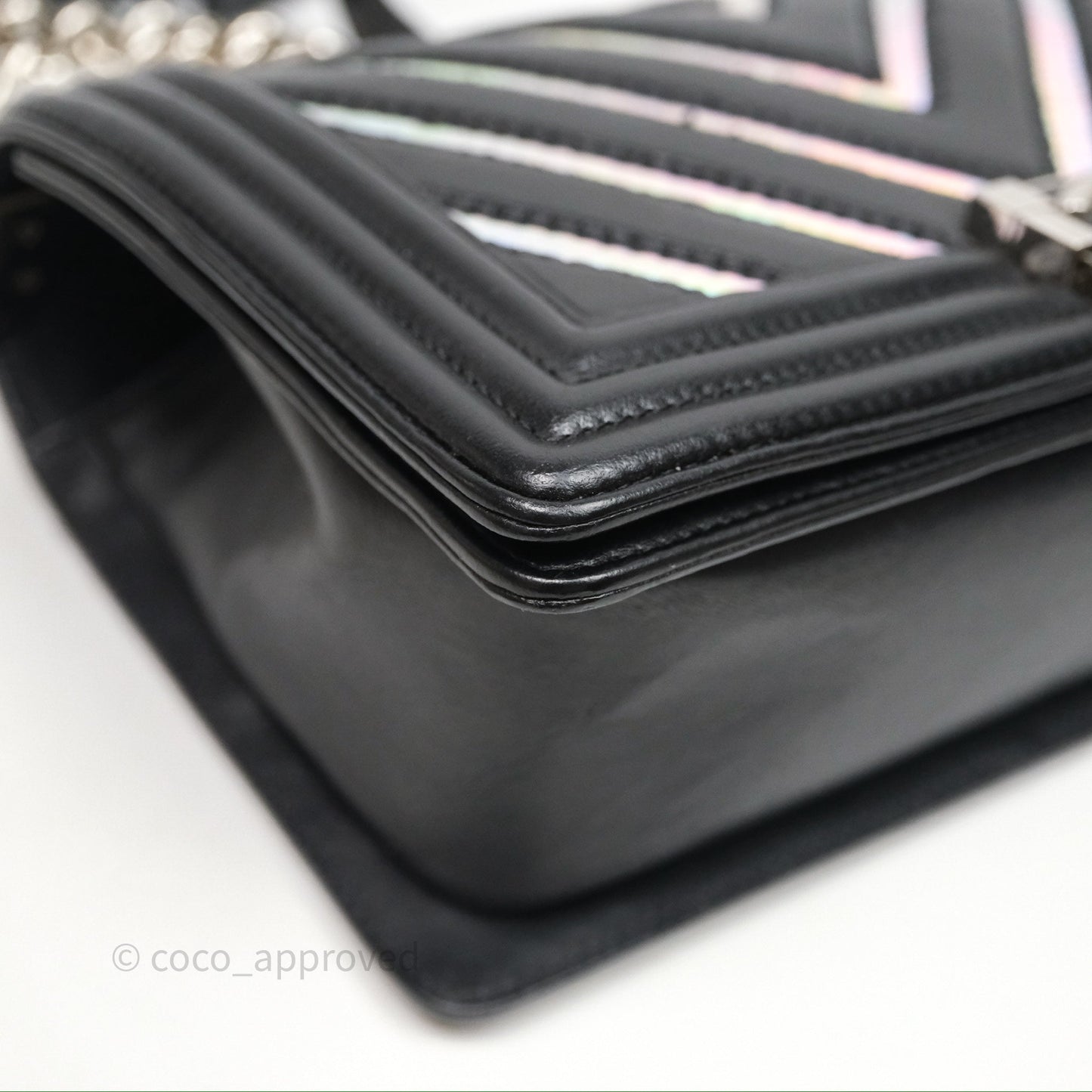 Chanel Medium Boy Chevron Iridescent PVC Lambskin Black Silver Hardware