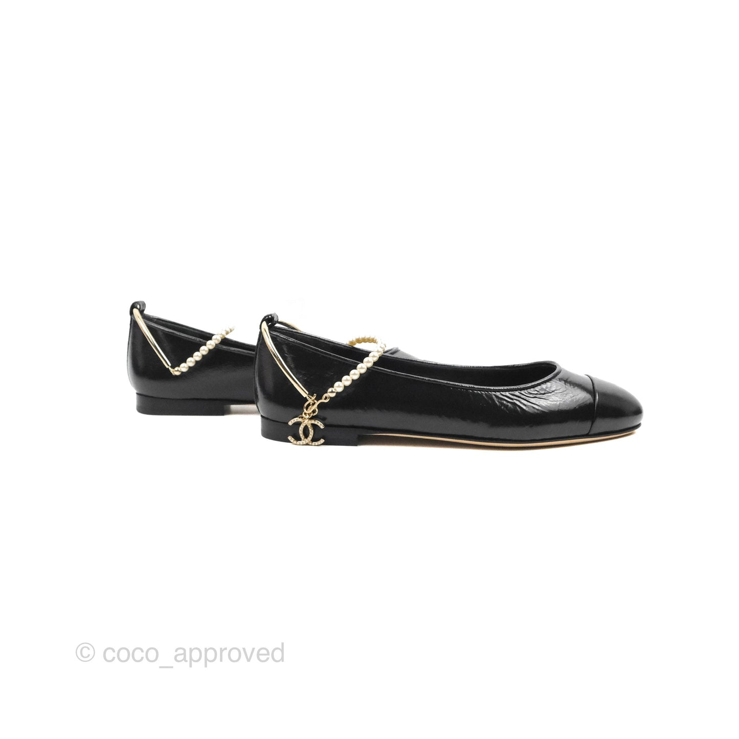Chanel Ankle Pearl Flat Ballerinas Black Lambskin 23C Sizes 37