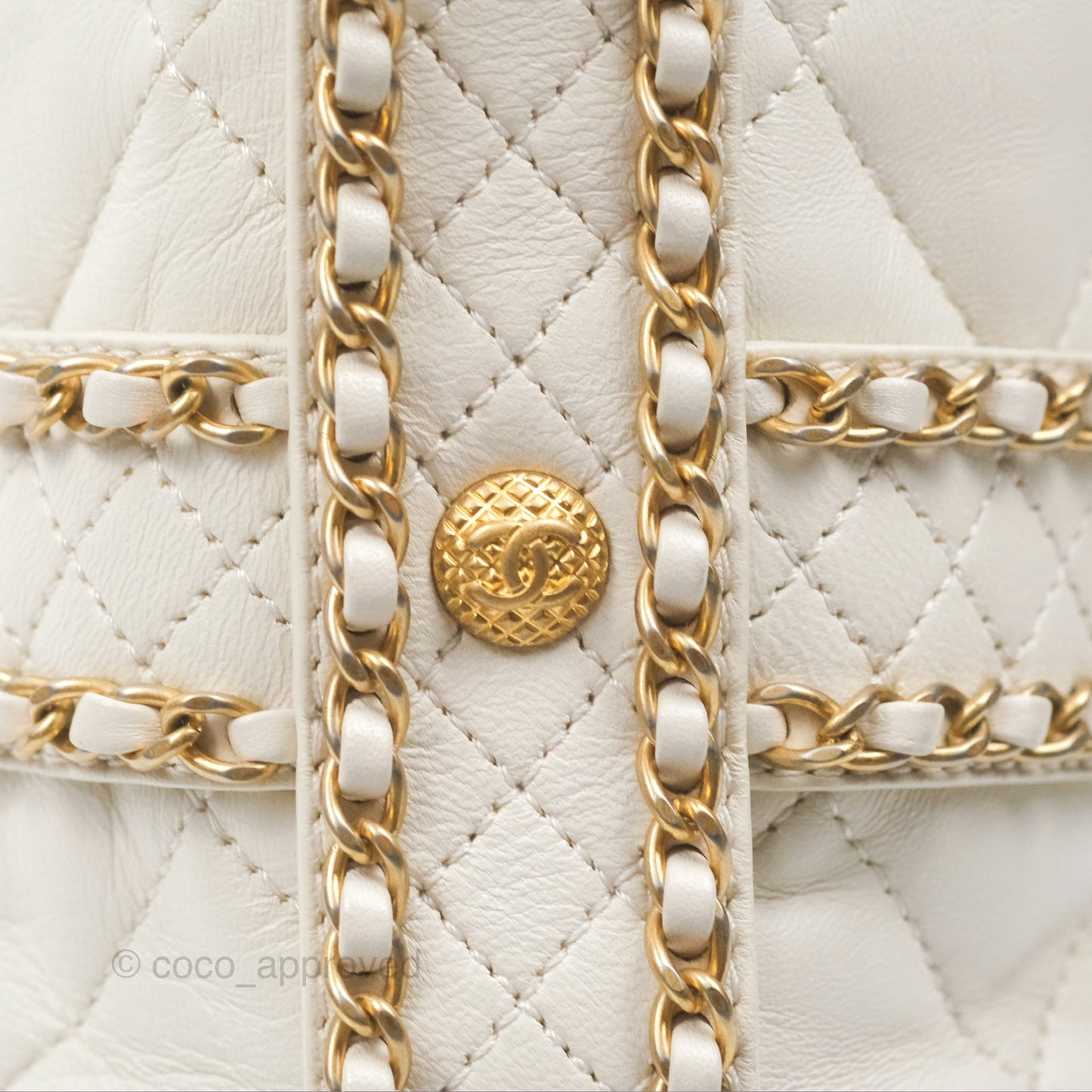 Chanel Quilted Drawstring Bucket Bag Ivory Lambskin Aged Gold Hardware