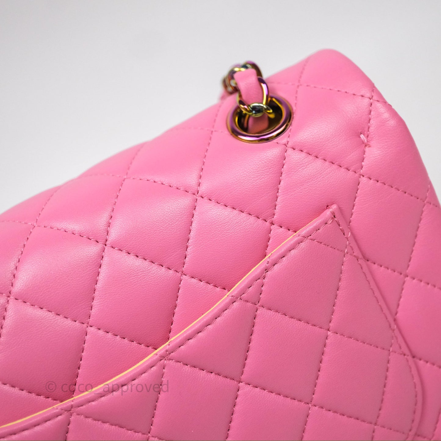 Chanel Small Classic Flap Quilted Pink Lambskin Rainbow Hardware