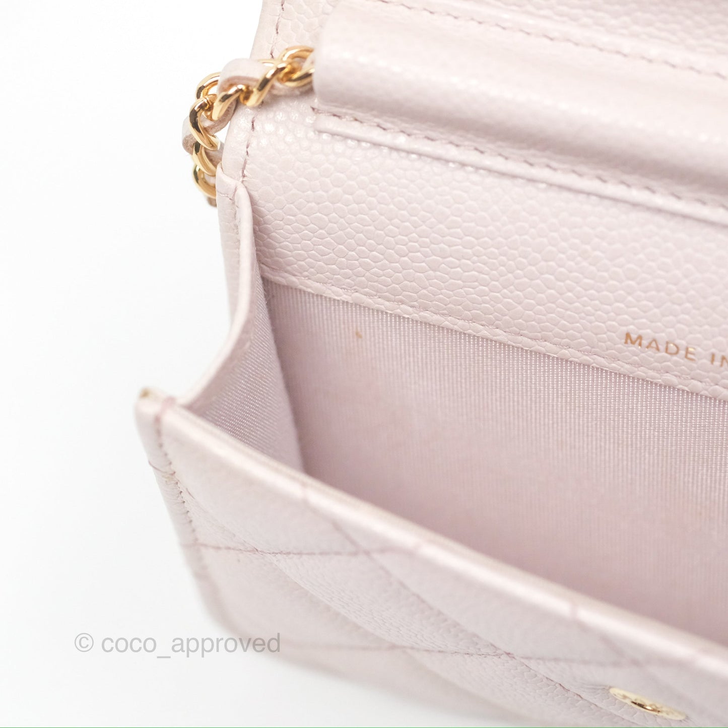 Chanel Miss Coco Clutch With Chain Quilted Lilac Pink Caviar Gold Hardware