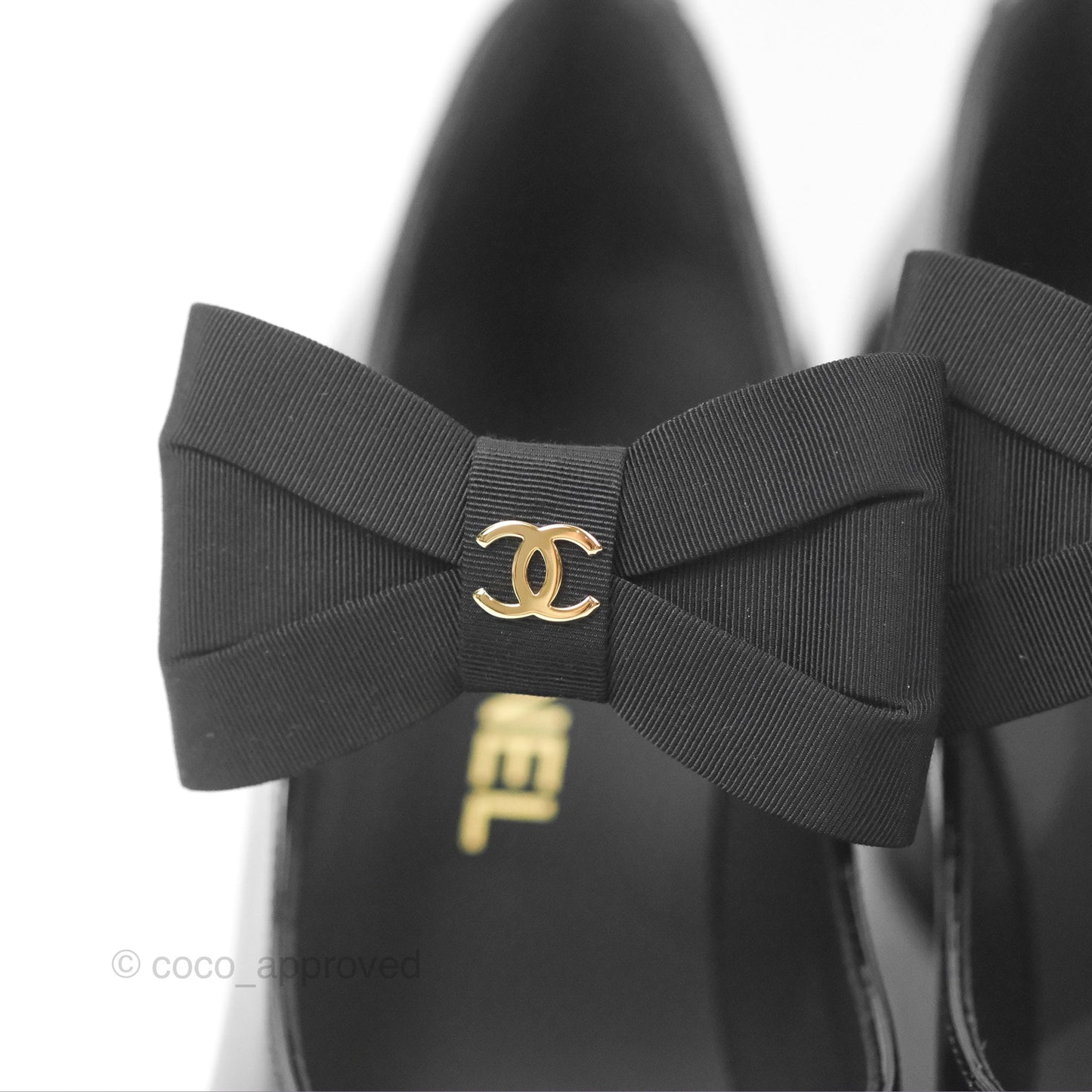 Chanel CC Ribbon Mary Jane Block Heels Black Patent 24C