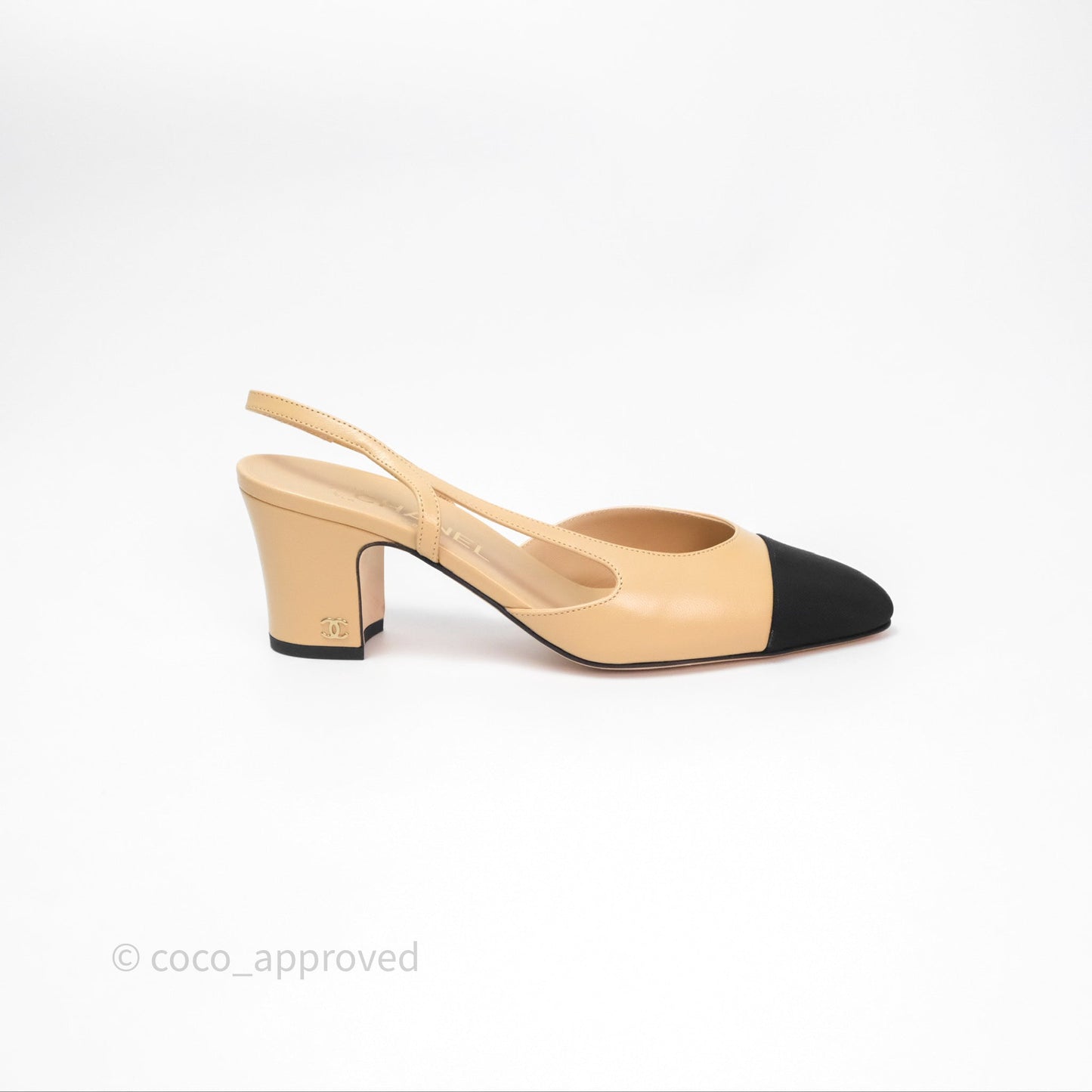 Chanel Classic Slingback Beige Black Leather Size 38