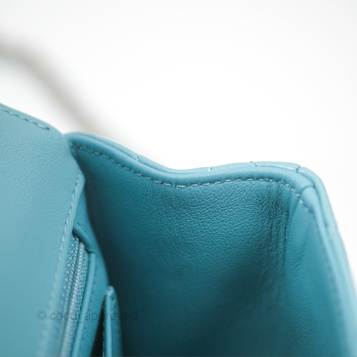 Chanel Flap Bag with Crystal Logo Top Handle Tiffany Blue Lambskin Aged Gold Hardware