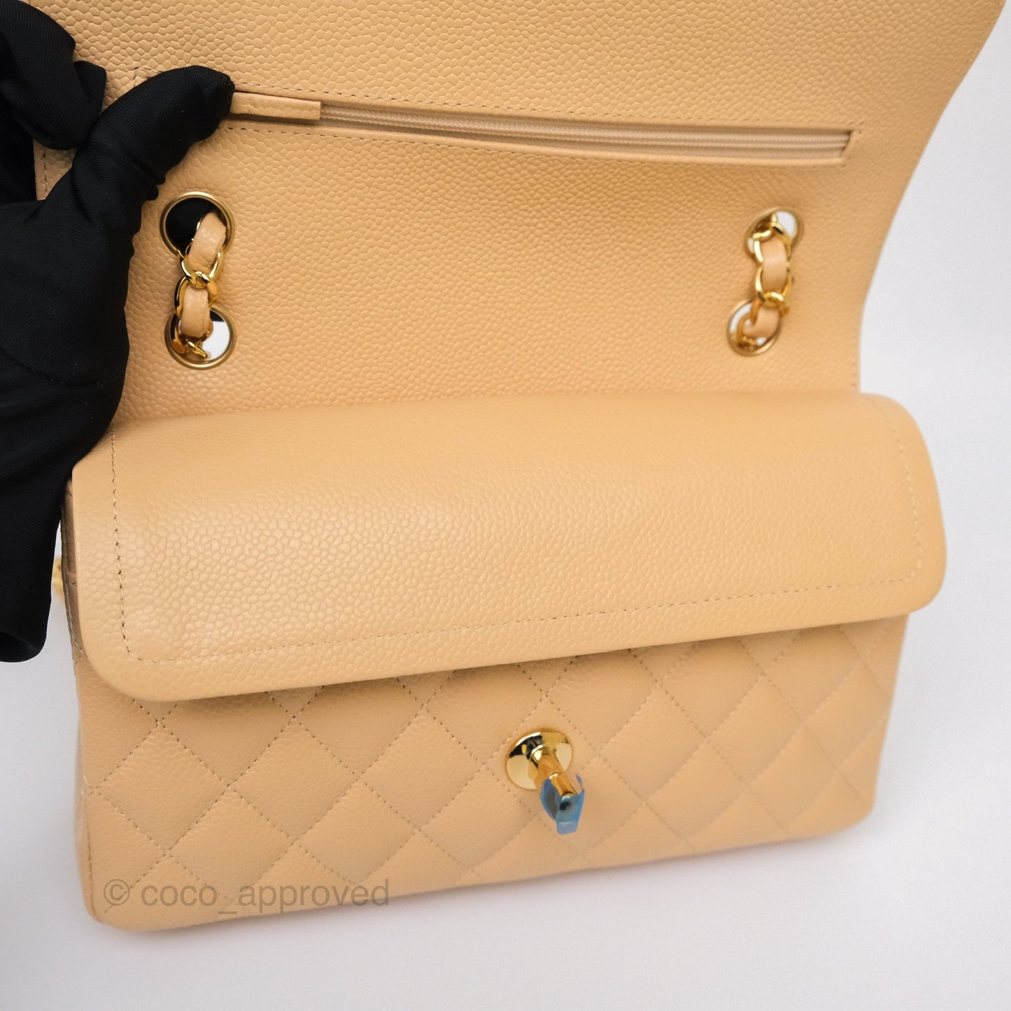 Chanel Small S/M Classic Flap Quilted Beige Caviar Gold Hardware