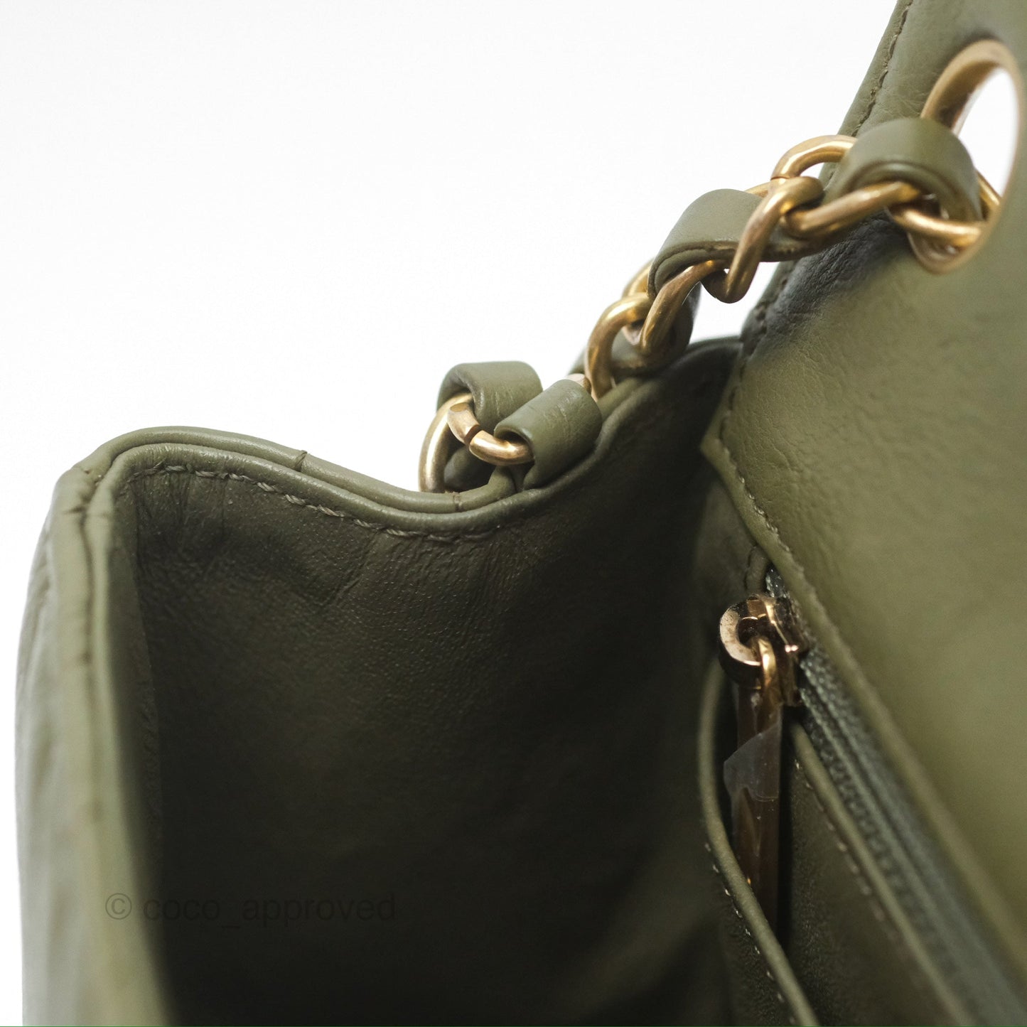 Chanel Mini Square Flap Chevron Olive Green Calfskin Gold Hardware