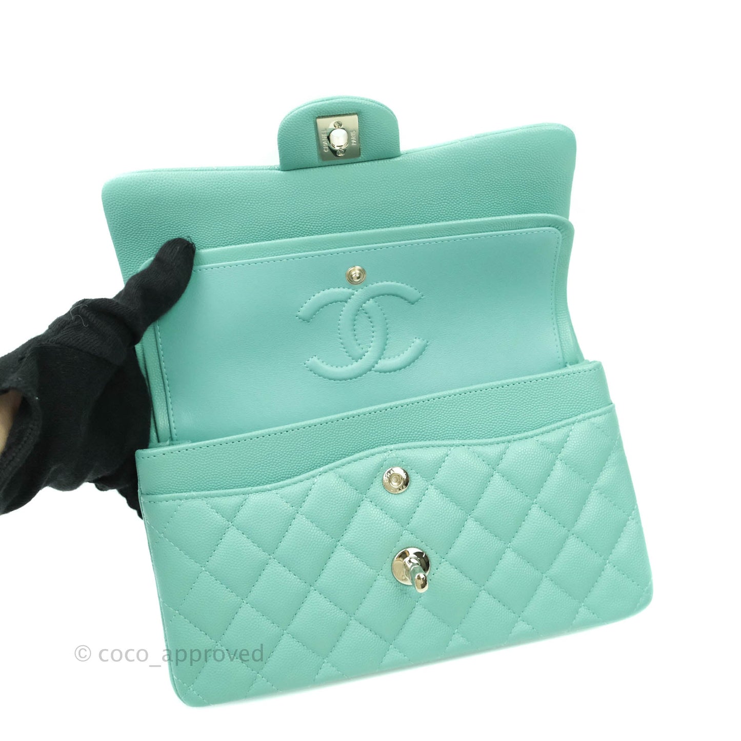 Chanel Classic Small S/M Flap Tiffany Blue Mint Caviar Gold Hardware 21S
