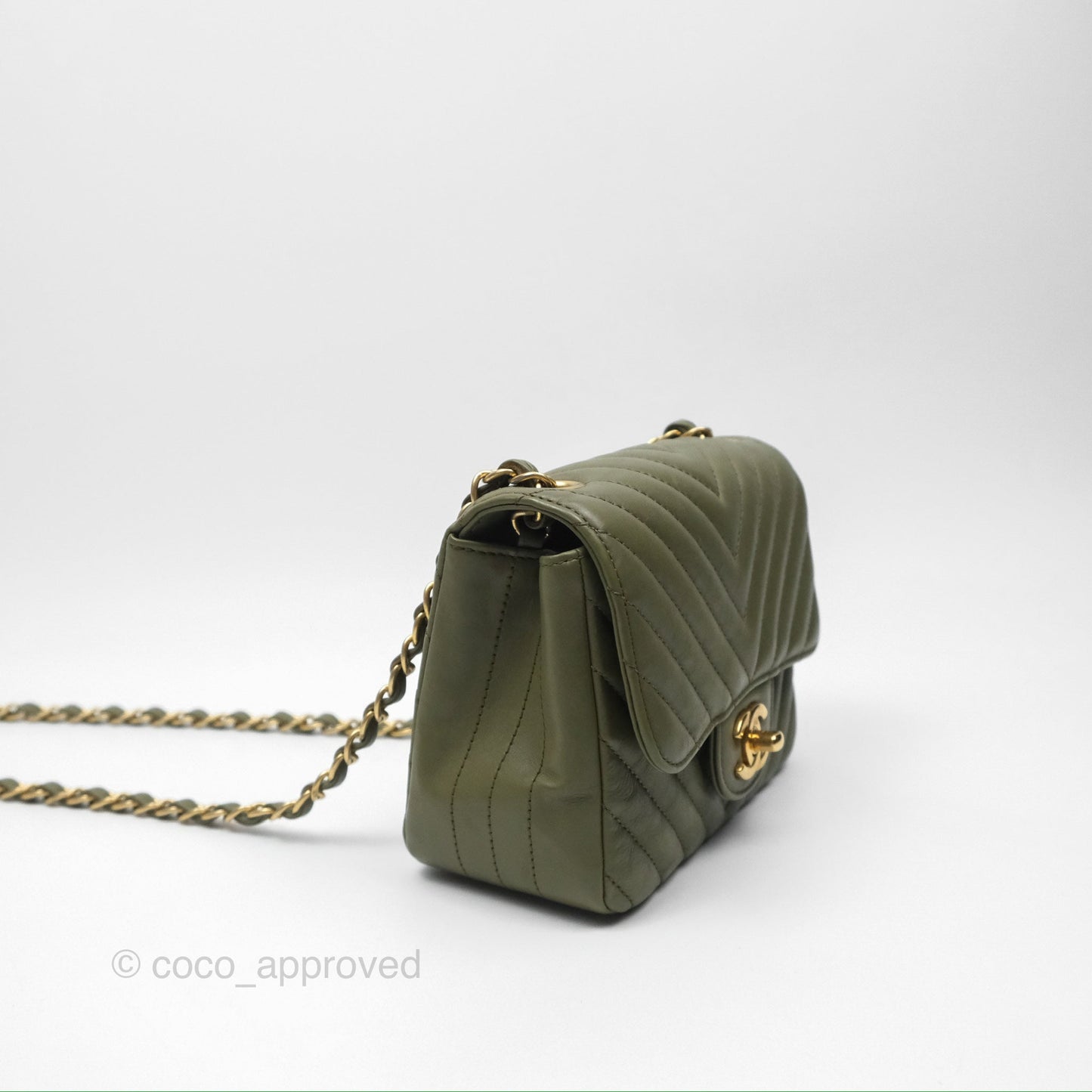 Chanel Mini Square Flap Chevron Olive Green Calfskin Gold Hardware