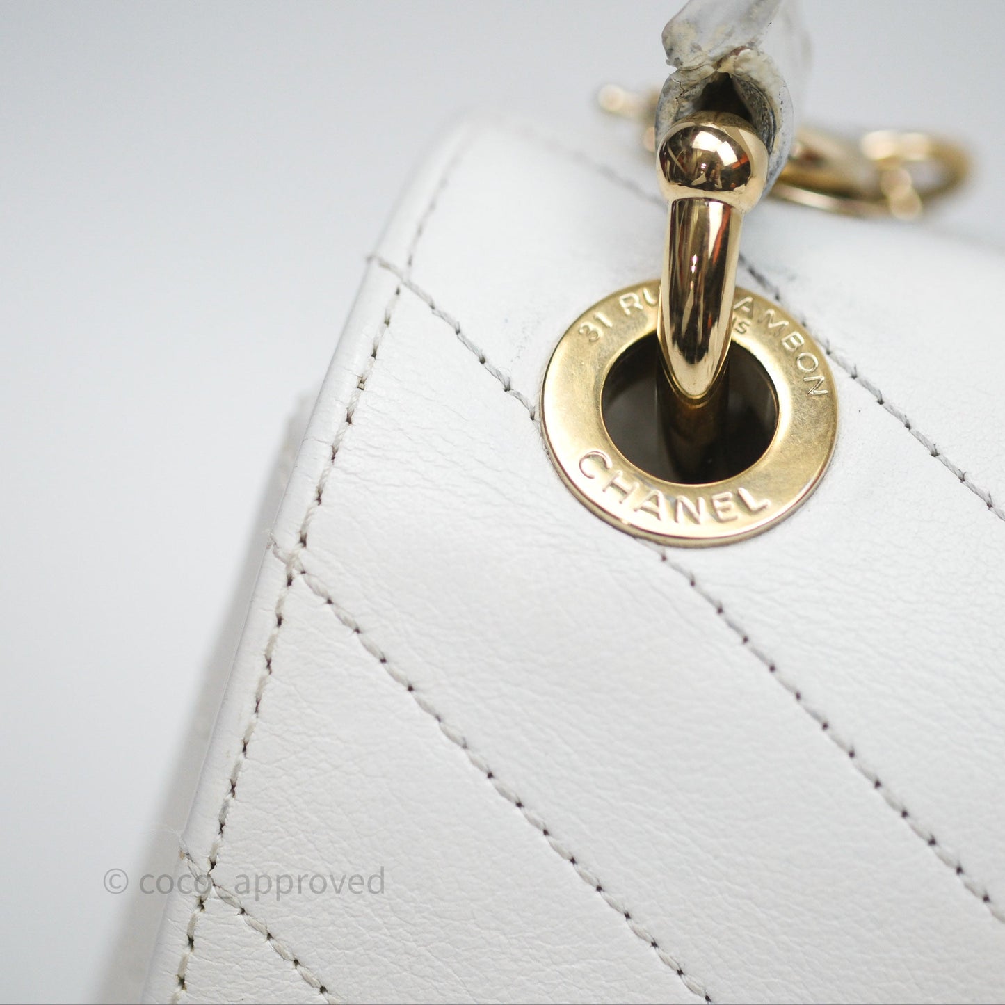 Chanel Small Chevron Chic Top Handle Flap White Calfskin Gold Hardware