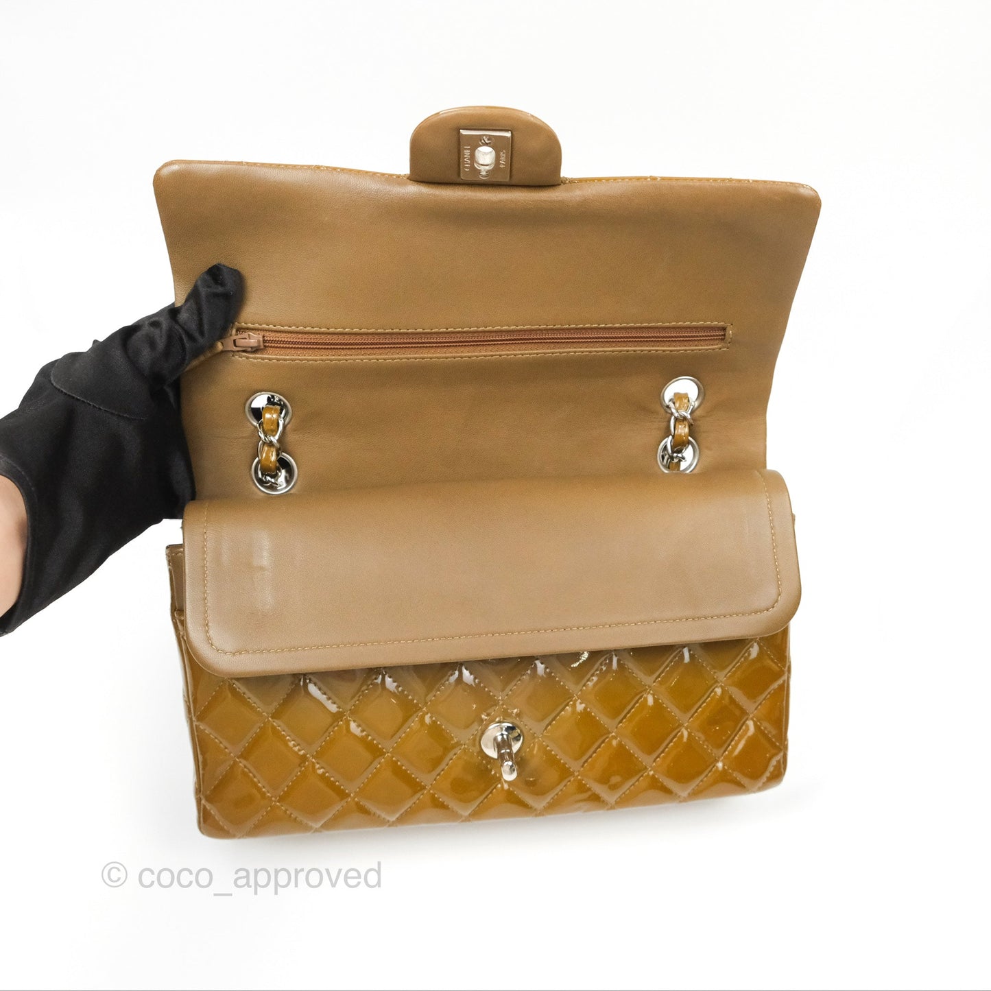 Chanel Classic M/L Medium Flap Quilted Brown Patent Silver Hardware