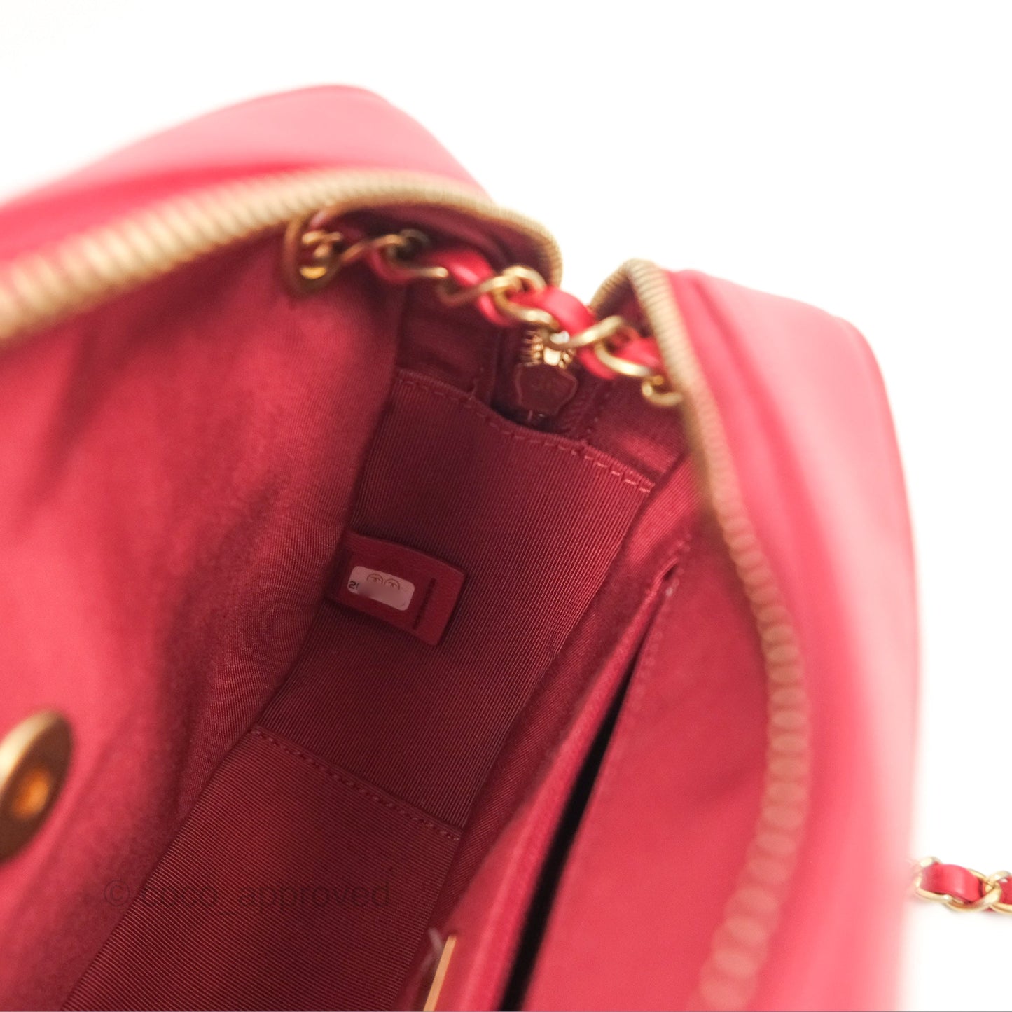 Chanel Chain Infinity Camera Case Red Goatskin Aged Gold Hardware
