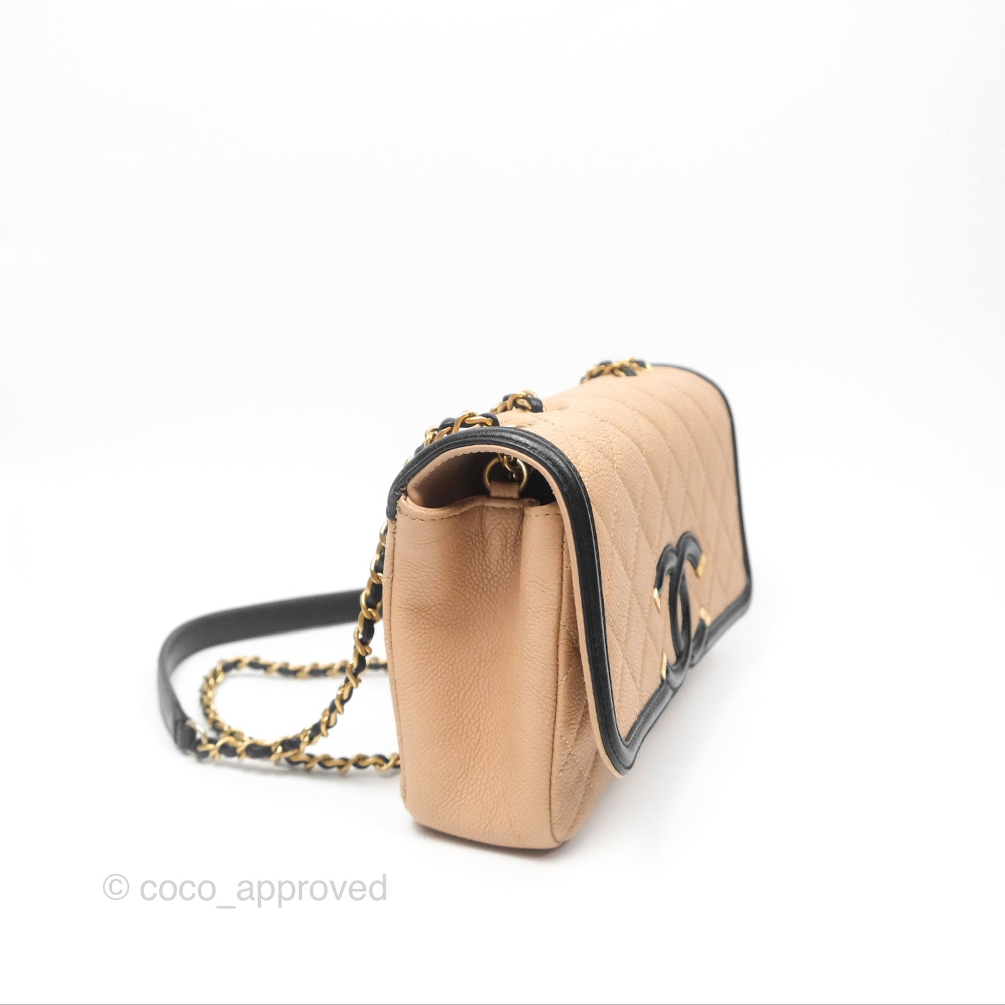 Chanel Small CC Filigree Flap Quilted Beige Black Caviar