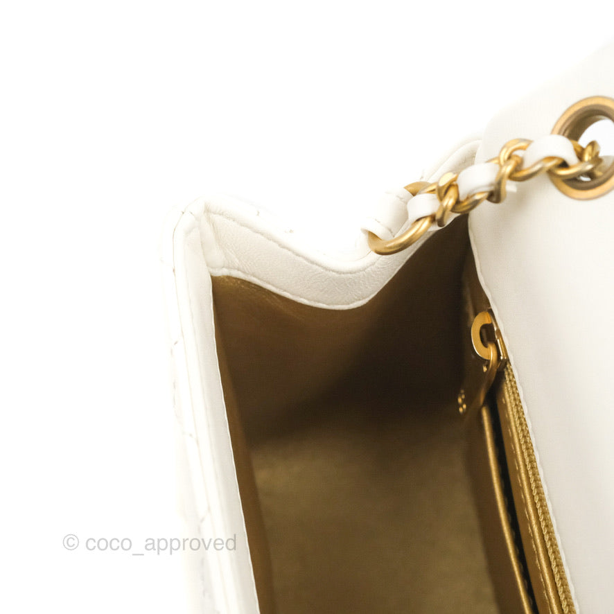 Chanel Mini Square Pearl Crush Quilted White Lambskin Aged Gold Hardware