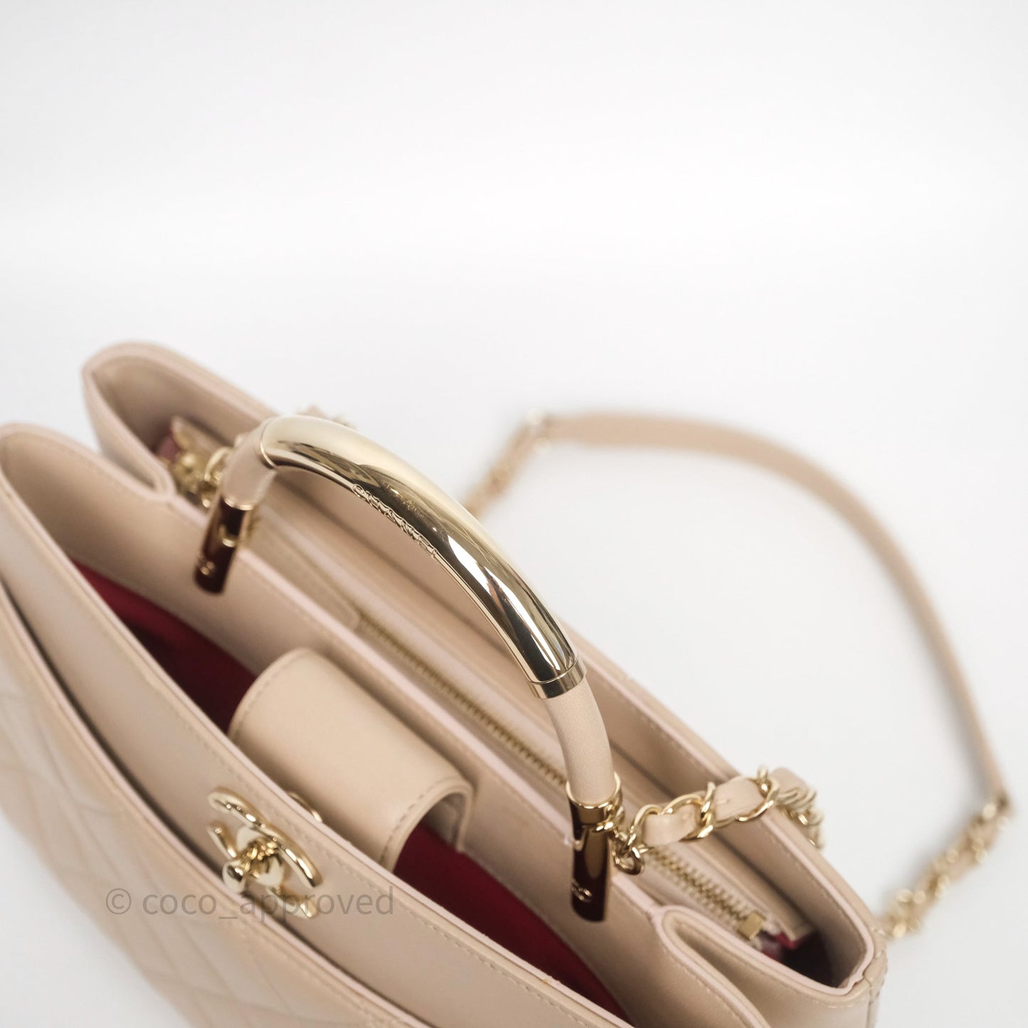 Chanel Quilted Top Handle Carry Chic Bag Beige Lambskin Gold Hardware