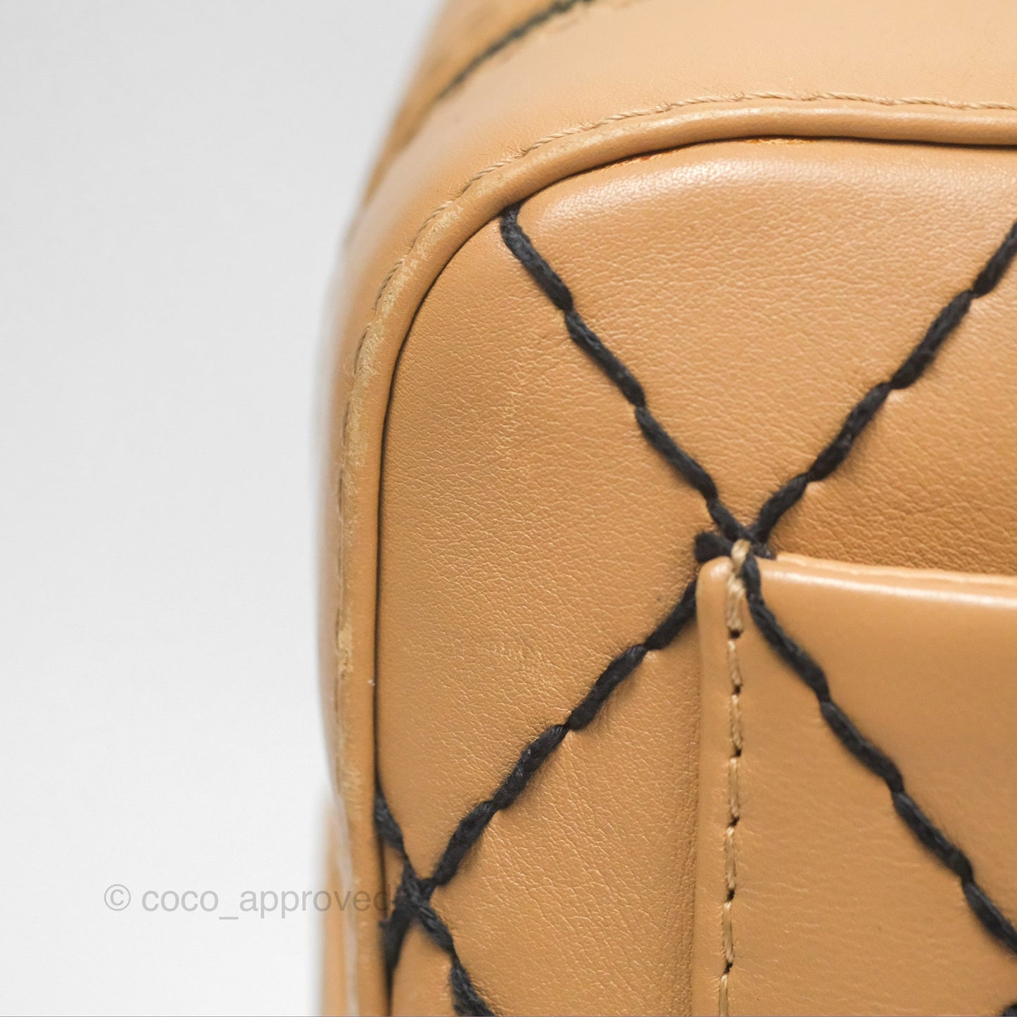 Chanel Contrast Stitch Surpique Bowler Bag Beige Calfskin Matte Black Hardware