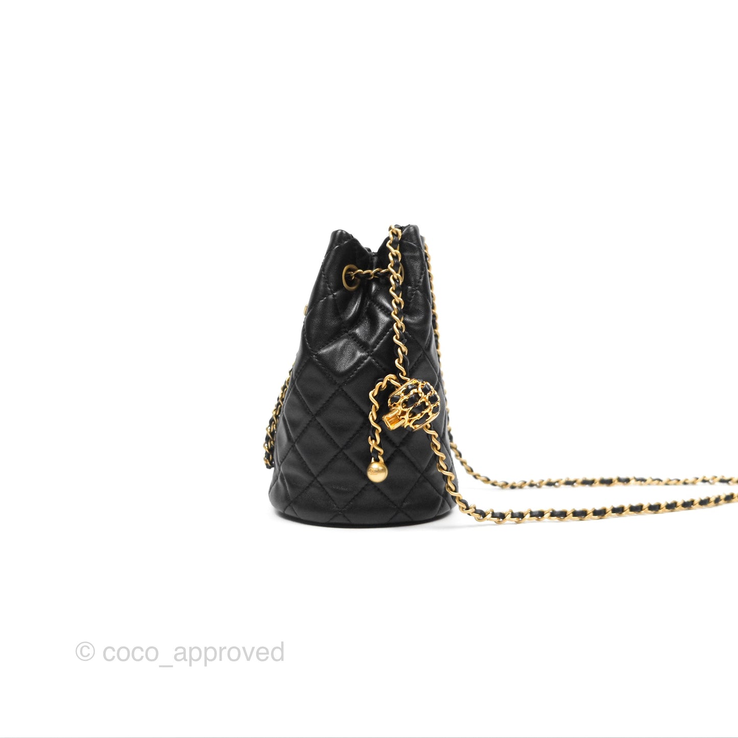 Chanel Pearl Crush Bucket Bag Black Lambskin Aged Gold Hardware 22S