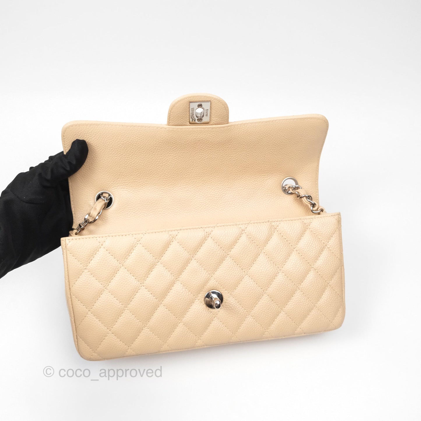Chanel Quilted East West Flap Beige Caviar Silver Hardware