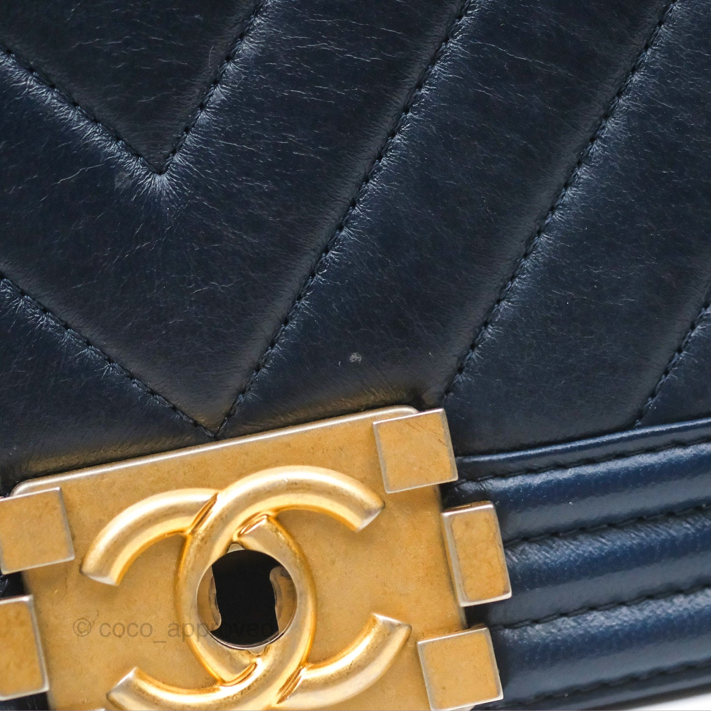 Chanel Medium Boy Chevron Navy Calfskin Aged Gold Hardware