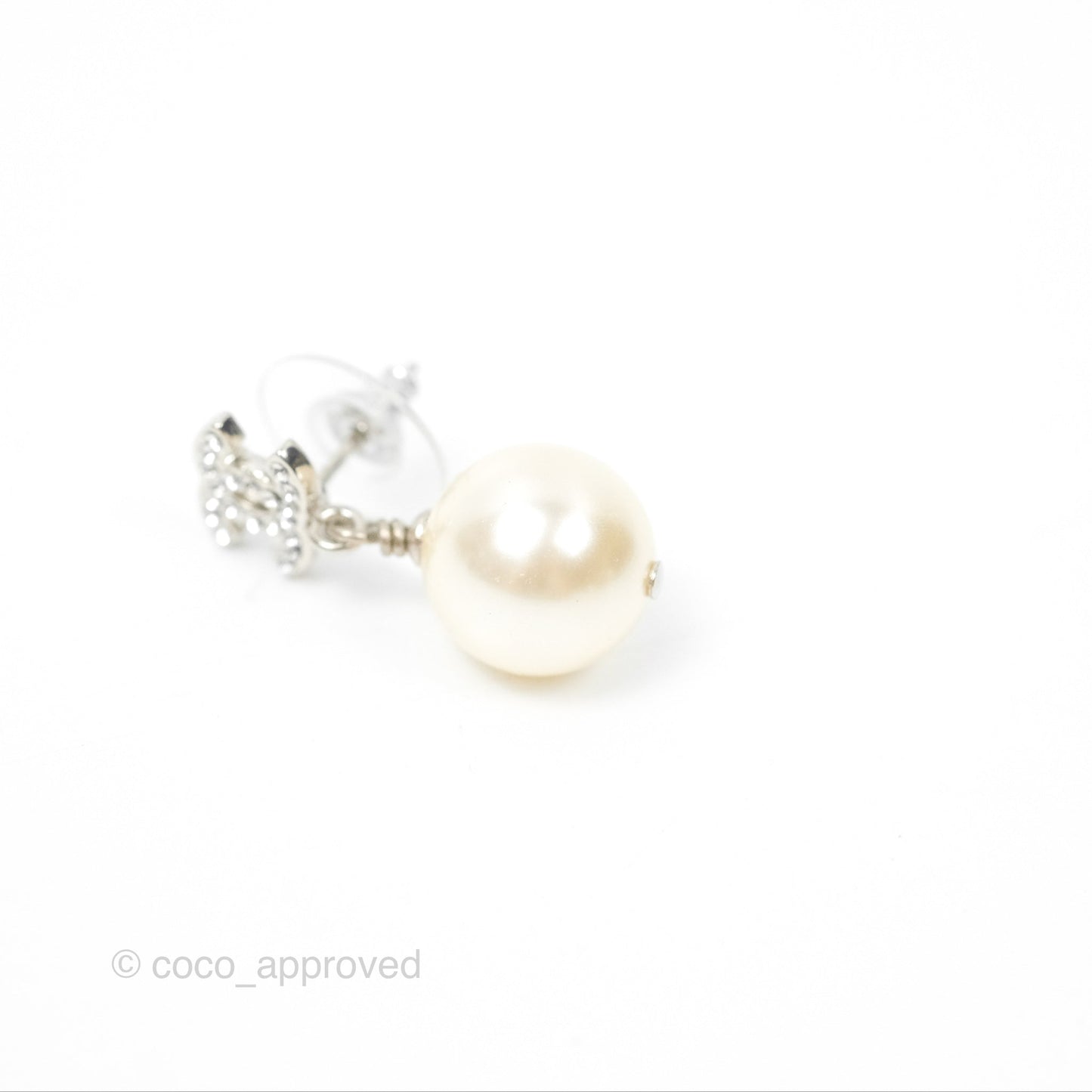 Chanel CC Rhinestone Pearl Drop Earrings Silver Tone