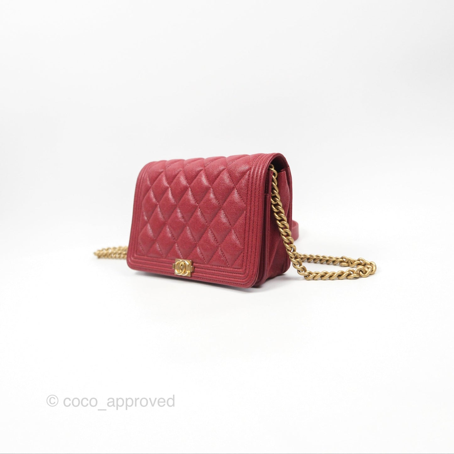 Chanel Quilted Boy Wallet on Chain WOC Red Caviar Aged Gold Hardware