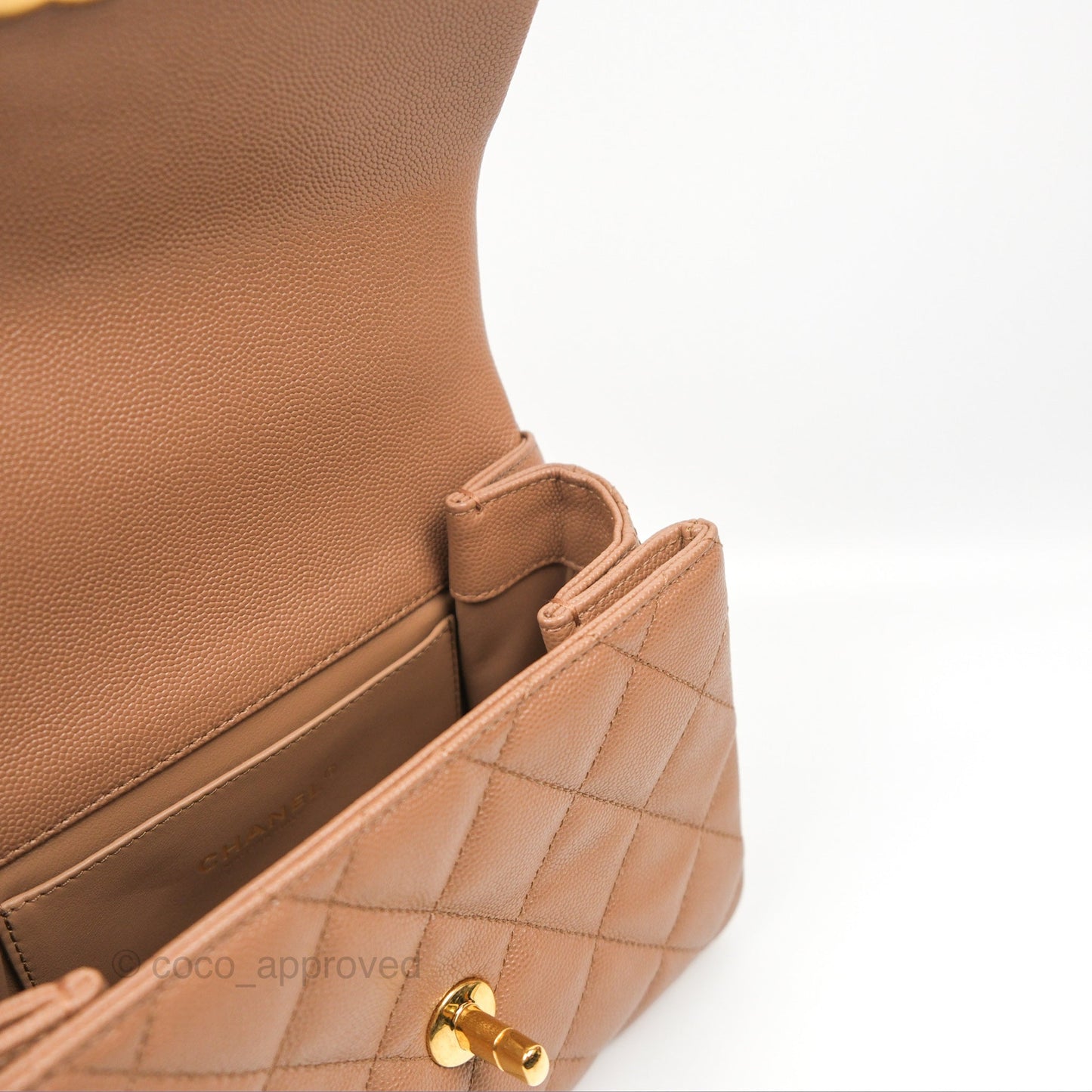 Chanel Coco First CC Chain Flap Bag Dark Beige Caviar Aged Gold Hardware