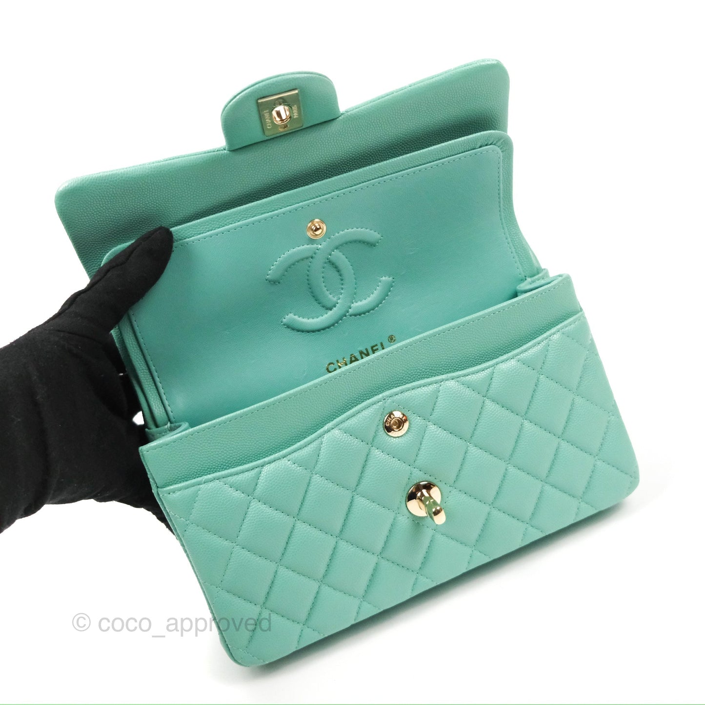 Chanel Small Classic Quilted Flap Tiffany Green Caviar Gold Hardware