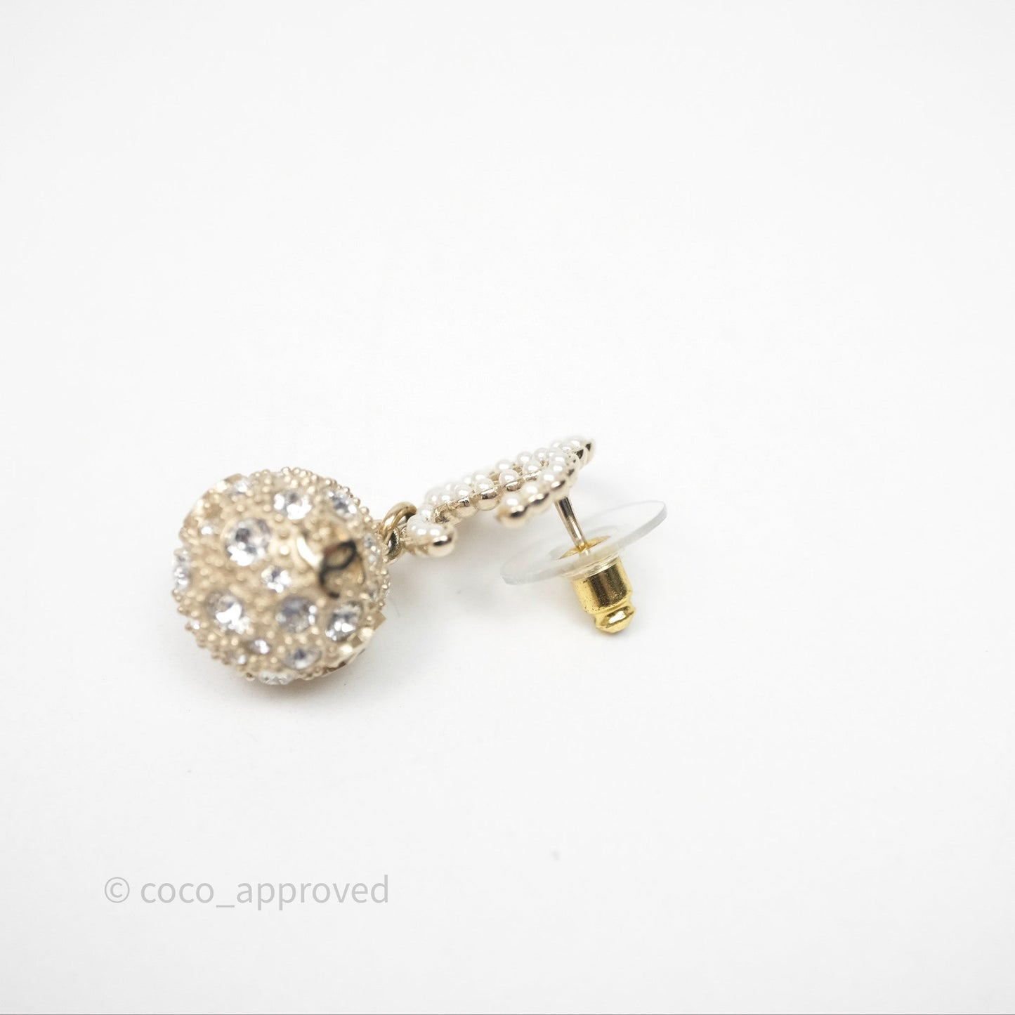 Chanel Crystal Pearl CC Drop Earrings Gold Tone Pearly White 21K