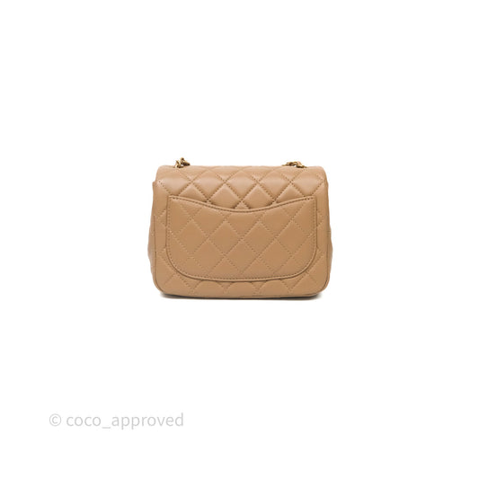 Chanel Pearl Crush Mini Square Quilted Beige Lambskin Aged Gold Hardware