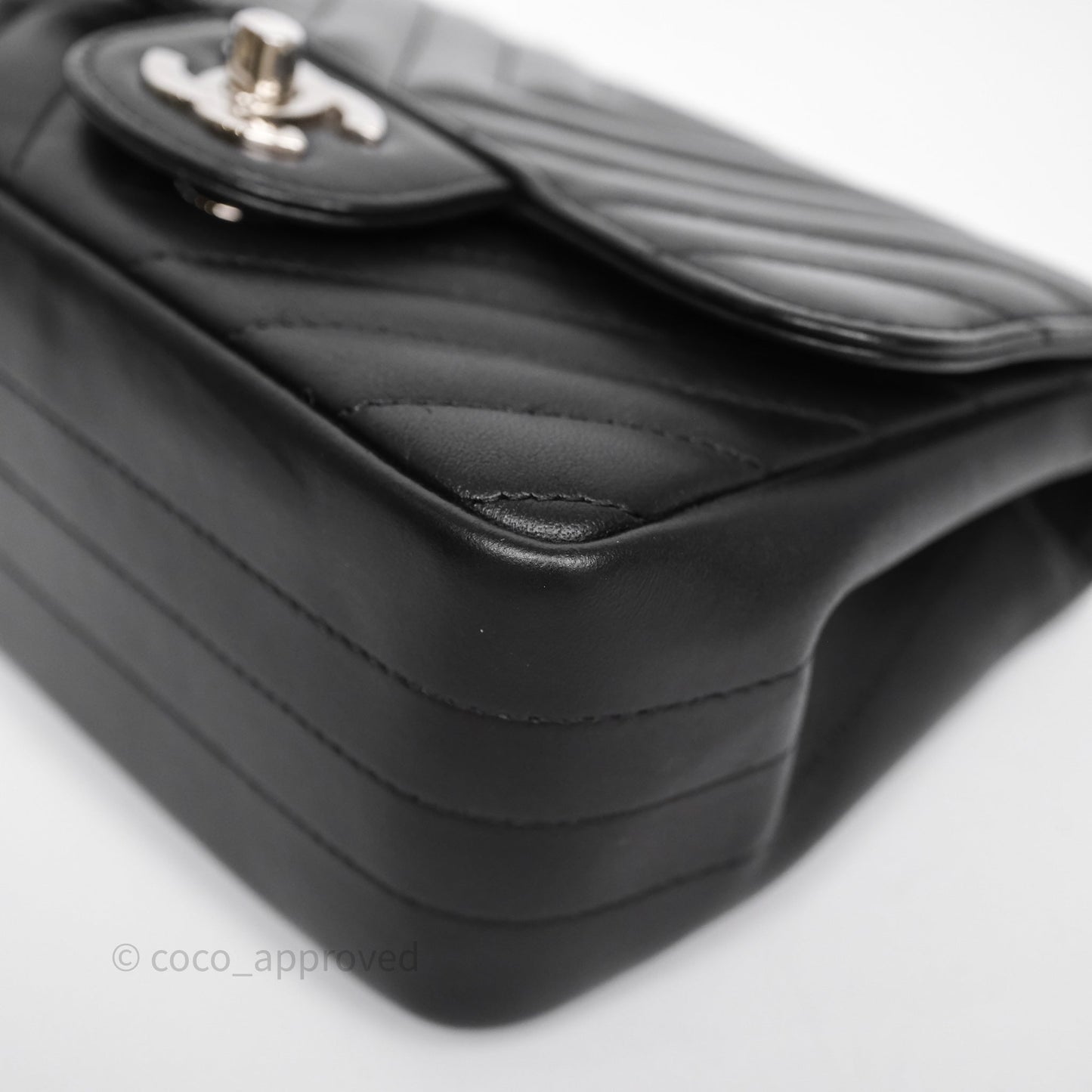 Chanel Mini Square Black Lambskin Chervon Bag Silver Hardware