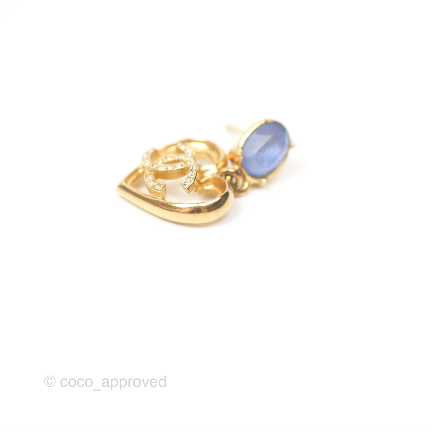 Chanel Oval Blue Resin Heart CC Drop Earrings Gold Tone 23C