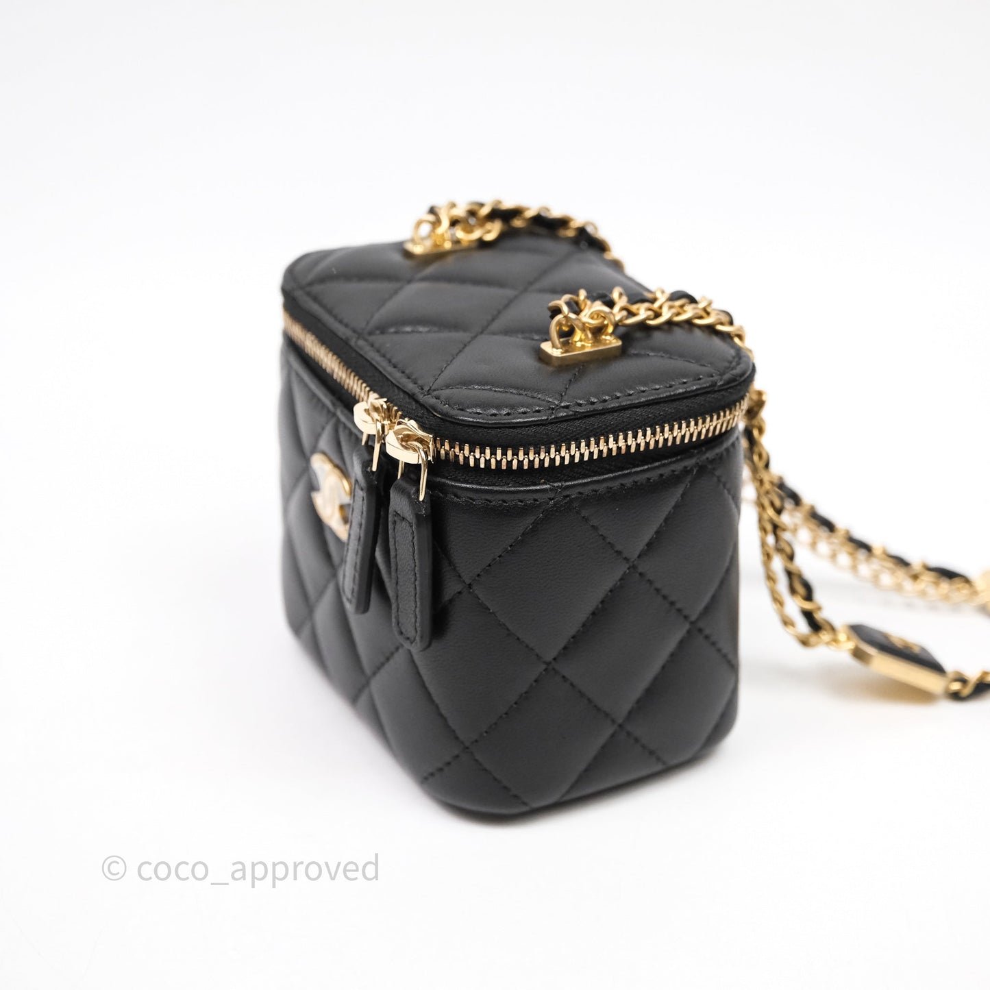 Chanel Mini Vanity With Double Chain Black Lambskin Aged Gold Hardware