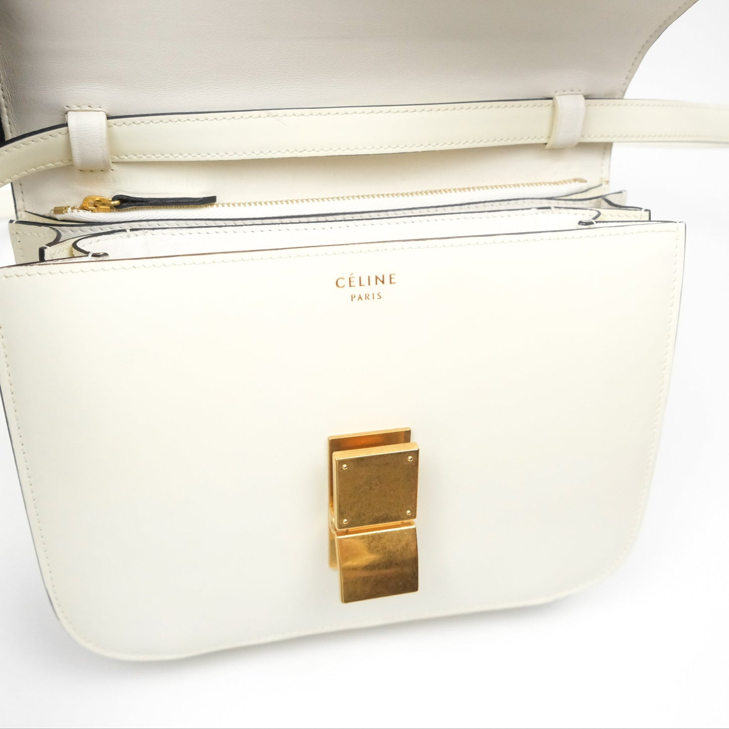 Celine Medium Classic Box Flap White Patent Gold Hardware