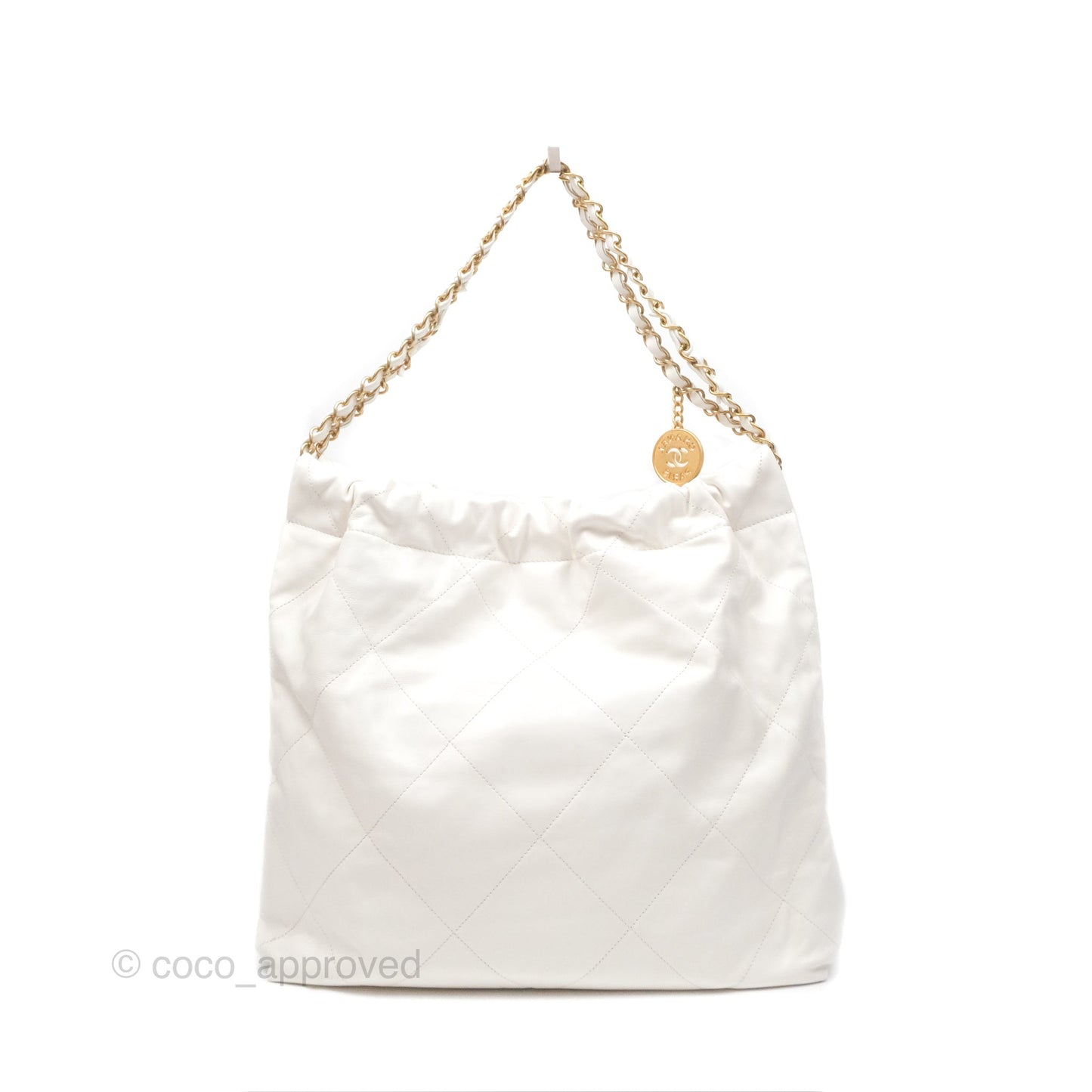 Chanel 22 Medium White Shiny Calfskin Aged Gold Hardware