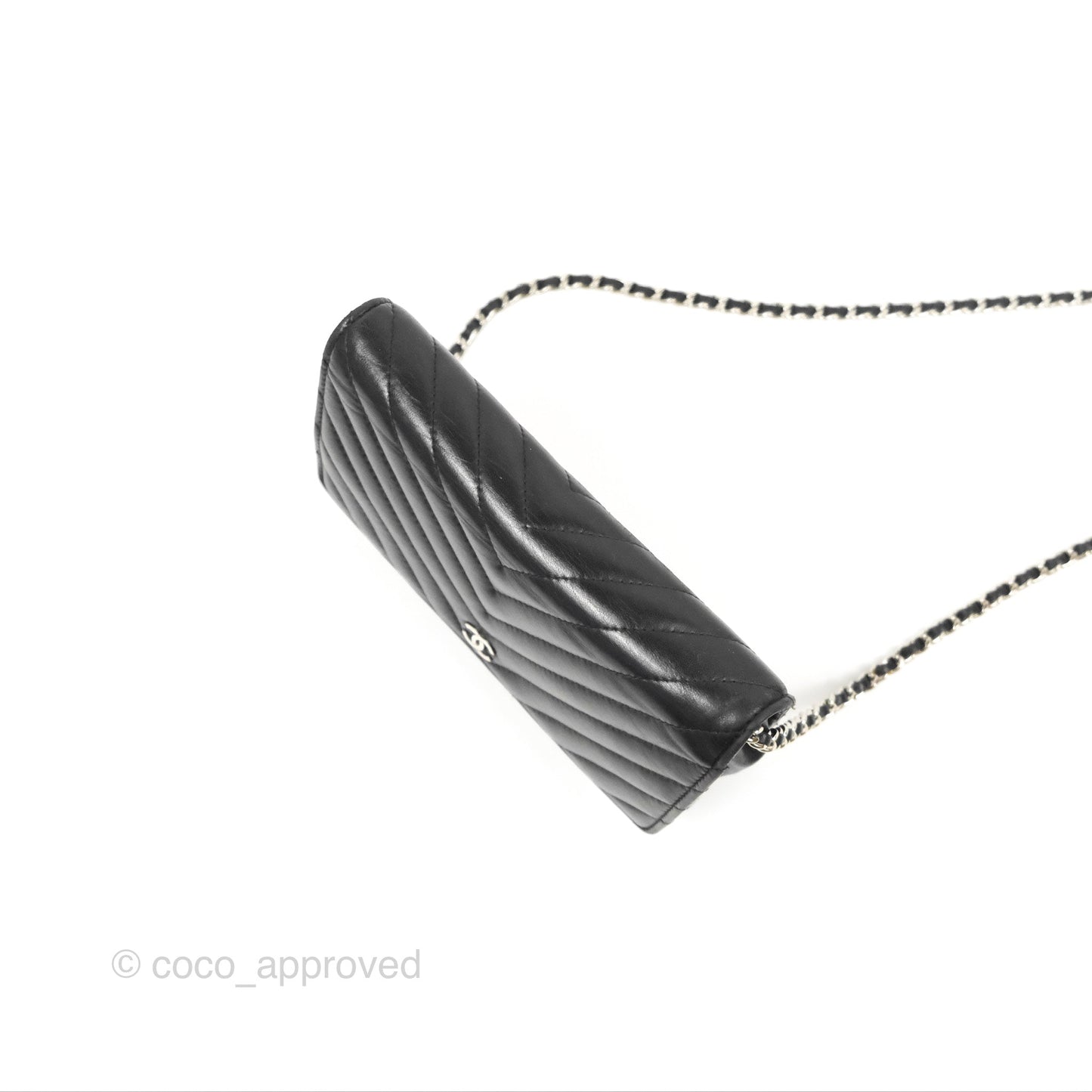 Chanel Classic Chevron Wallet on Chain WOC Black Lambskin Silver Hardware