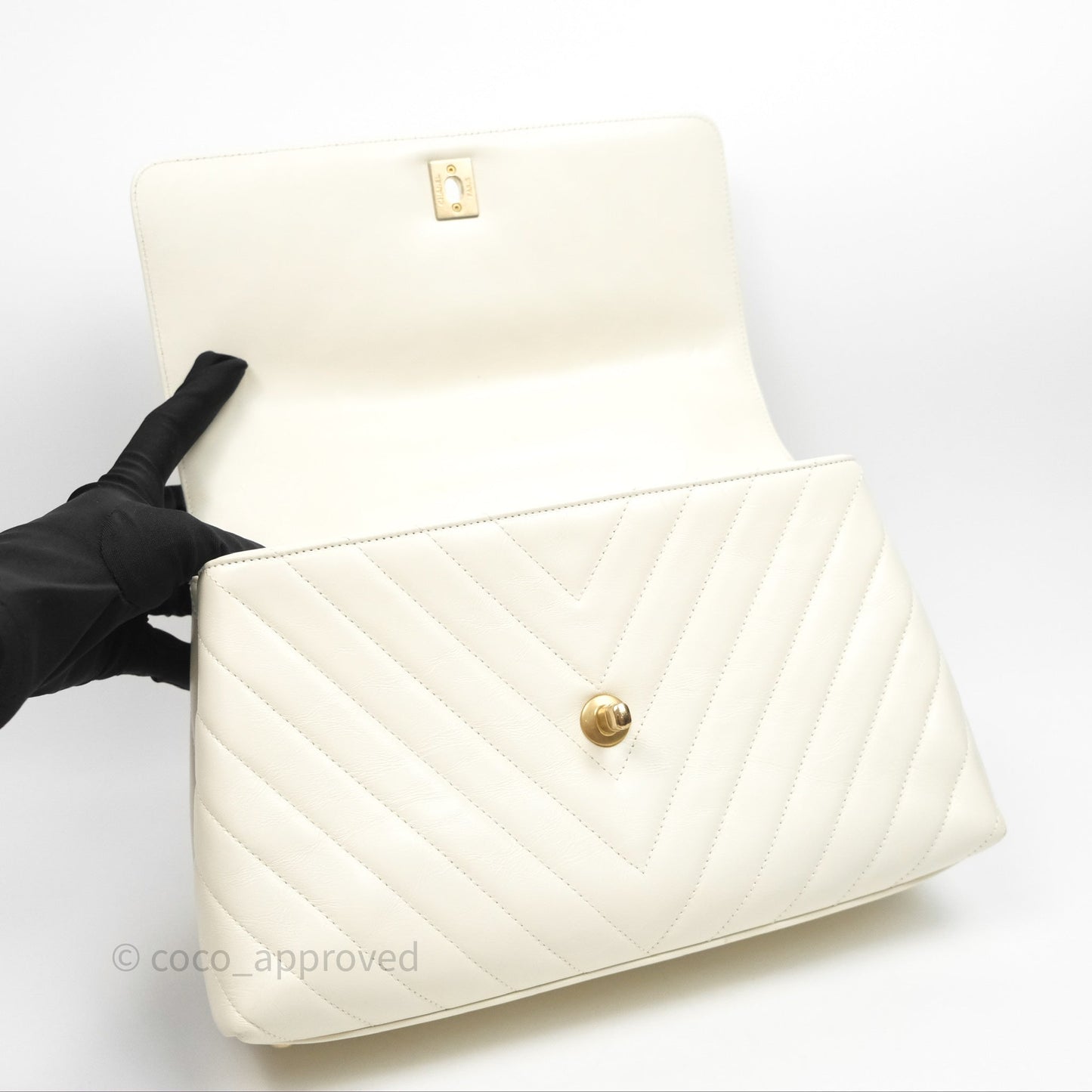 Chanel Medium Coco Handle Chevron Aged Calfskin Ivory Aged Gold Hardware Beige Lizard Handle
