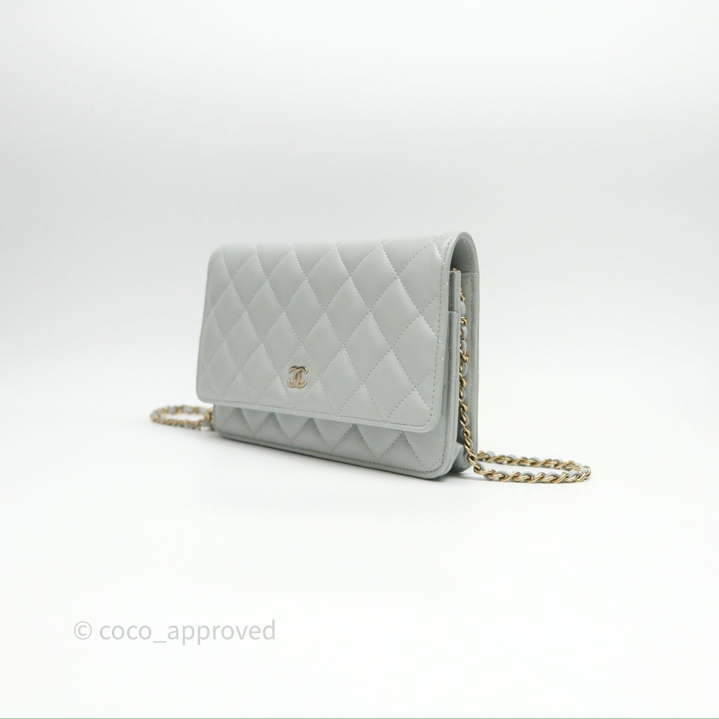 Chanel Classic Quilted Wallet on Chain WOC Grey Lambskin Gold Hardware