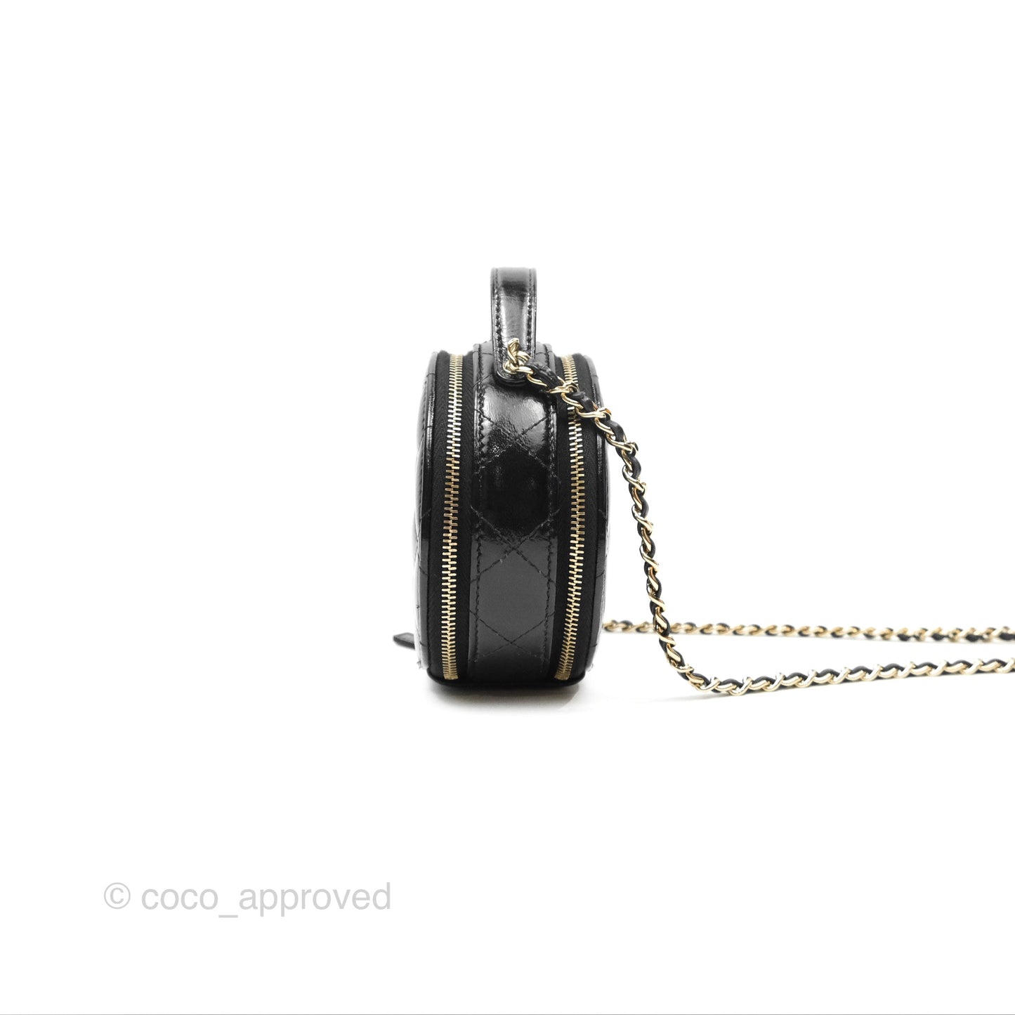 Chanel Mini Round Vanity Bag Handle With Care Black Glazed Lambskin 22C