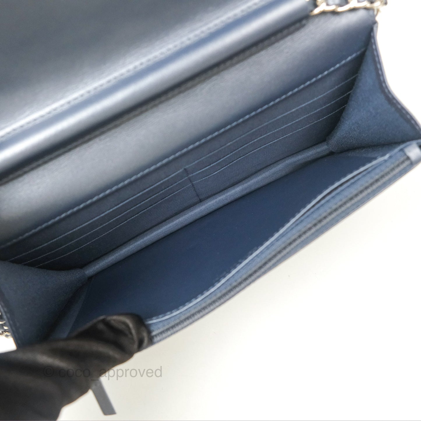 Chanel Camellia Wallet on Chain WOC Iridescent Navy Calfskin Silver Hardware