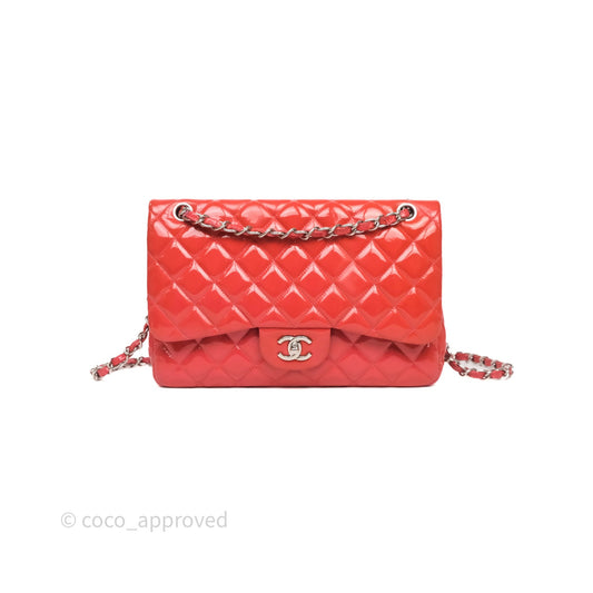 Chanel Jumbo Double Flap Red Orange Patent Silver Hardware⁣⁣